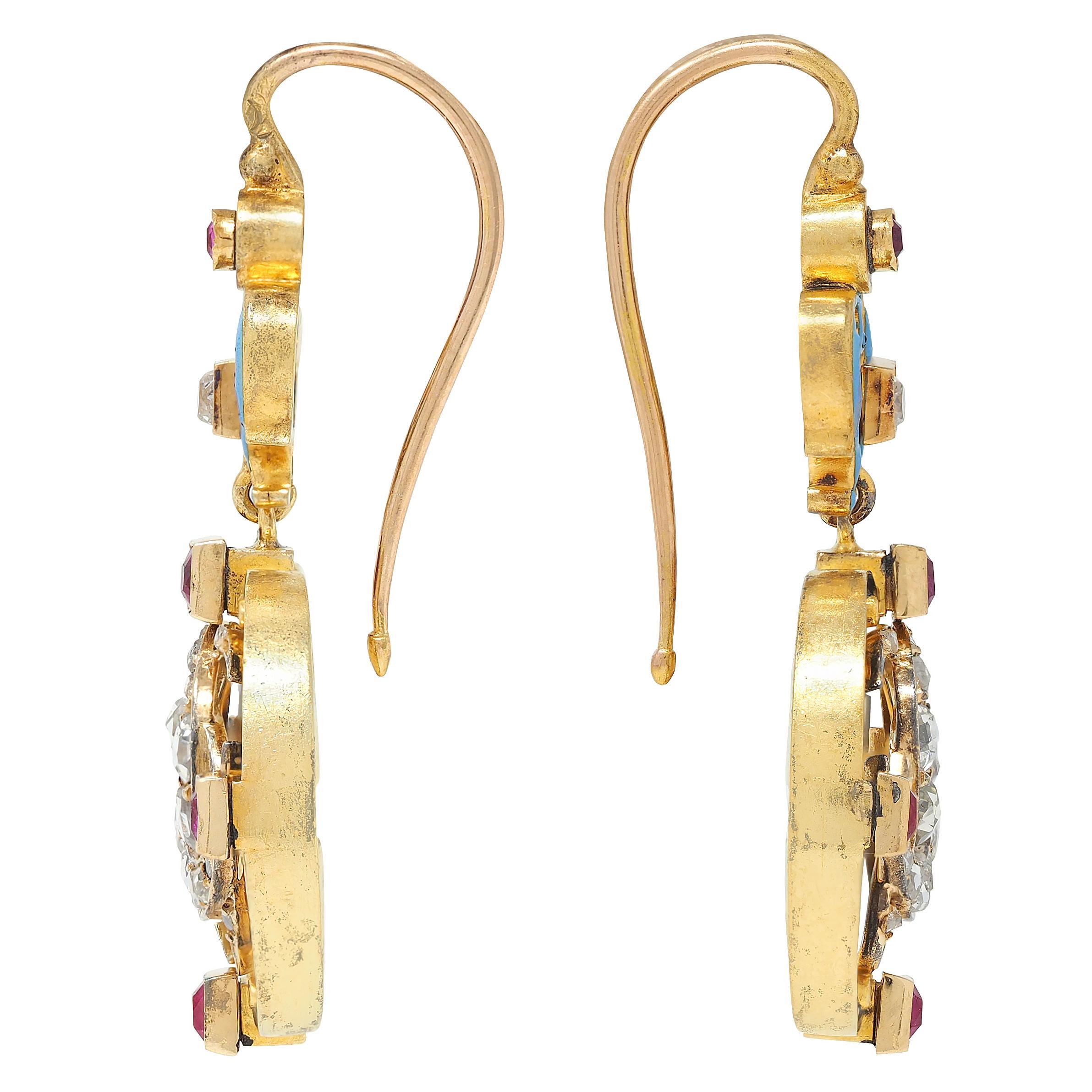 Neorinascimentale Carlo Giuliano Orecchini Rinascimentali con Smalto Multi Gemma in oro 18K in vendita