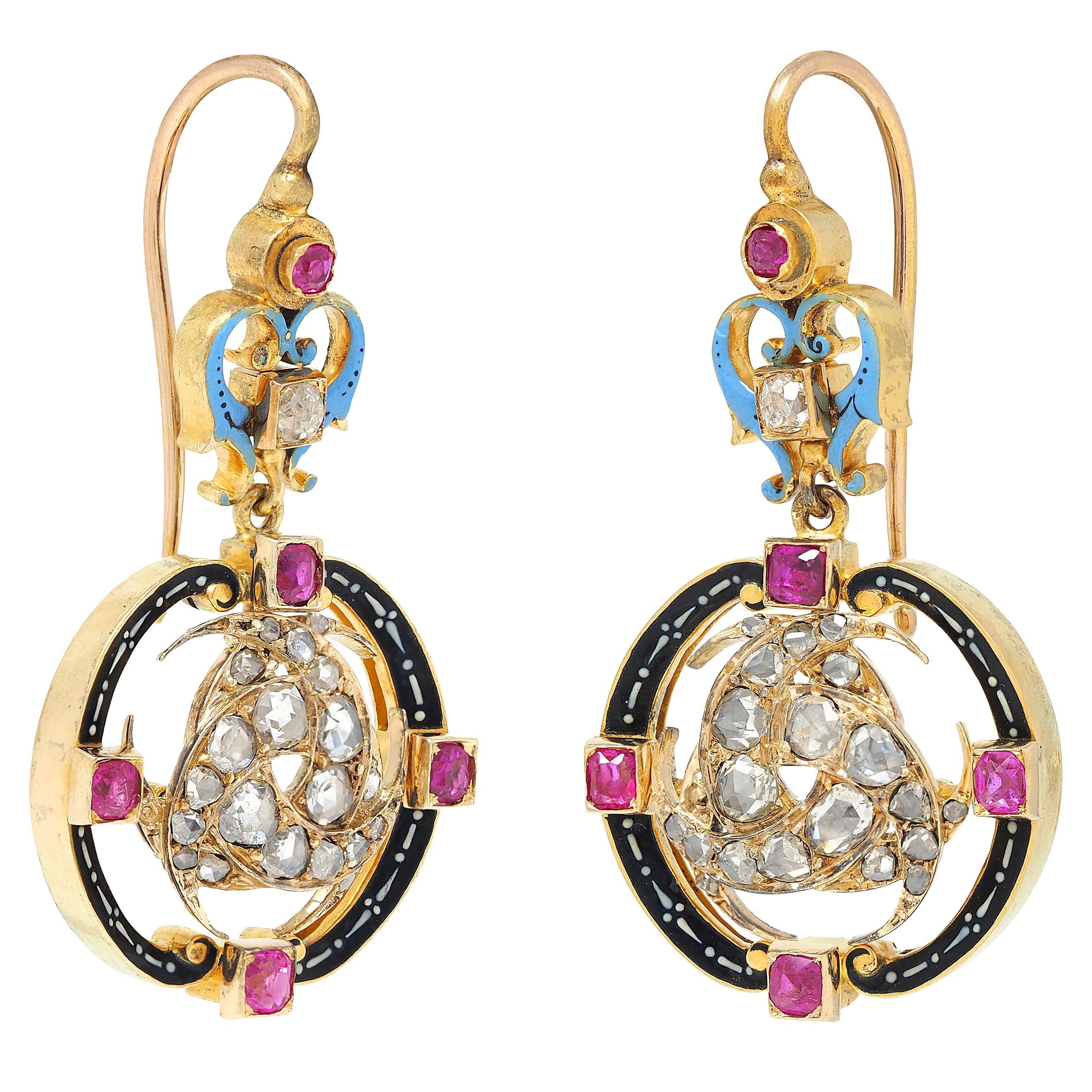 Carlo Giuliano Orecchini Rinascimentali con Smalto Multi Gemma in oro 18K In condizioni buone in vendita a Philadelphia, PA