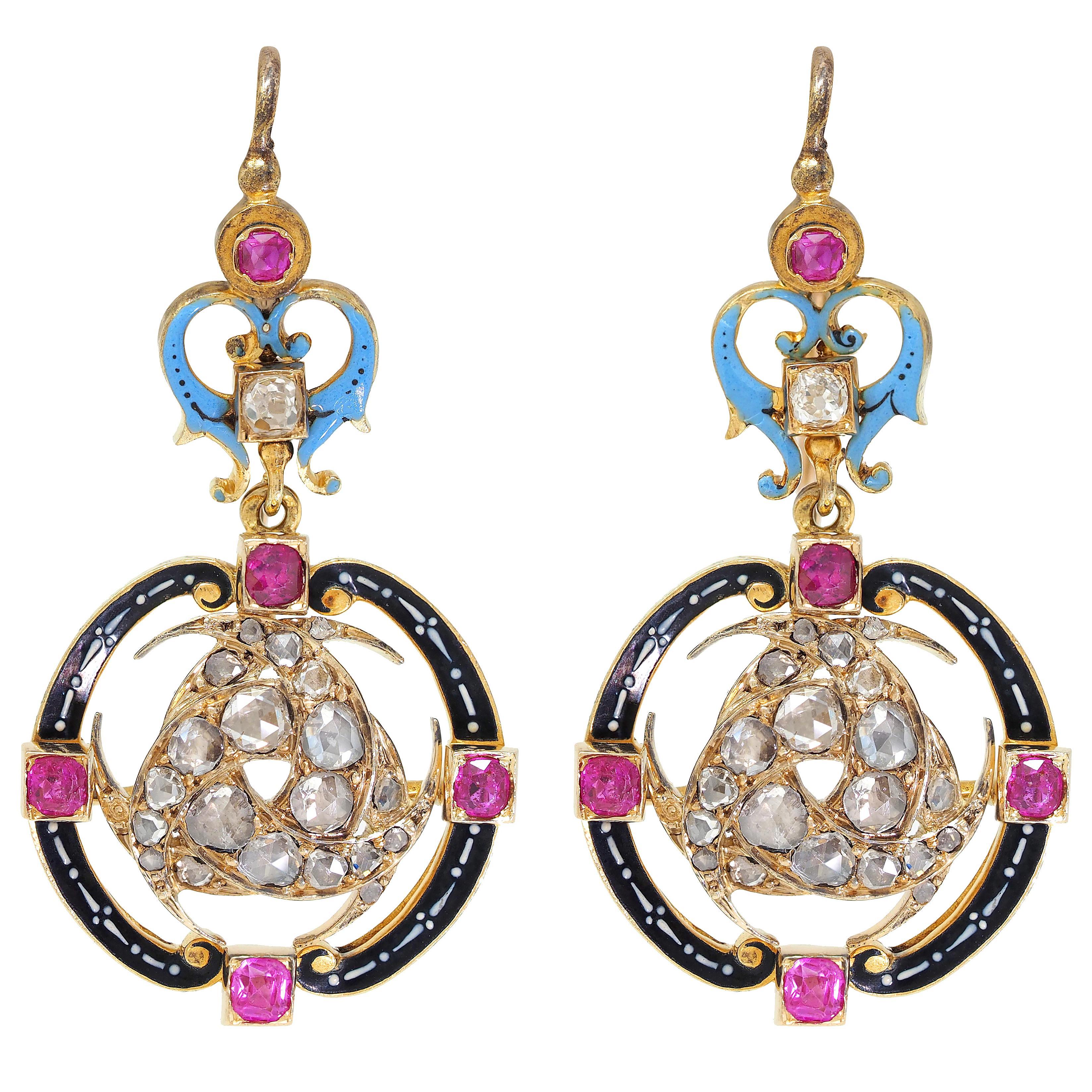 Donna Carlo Giuliano Orecchini Rinascimentali con Smalto Multi Gemma in oro 18K in vendita