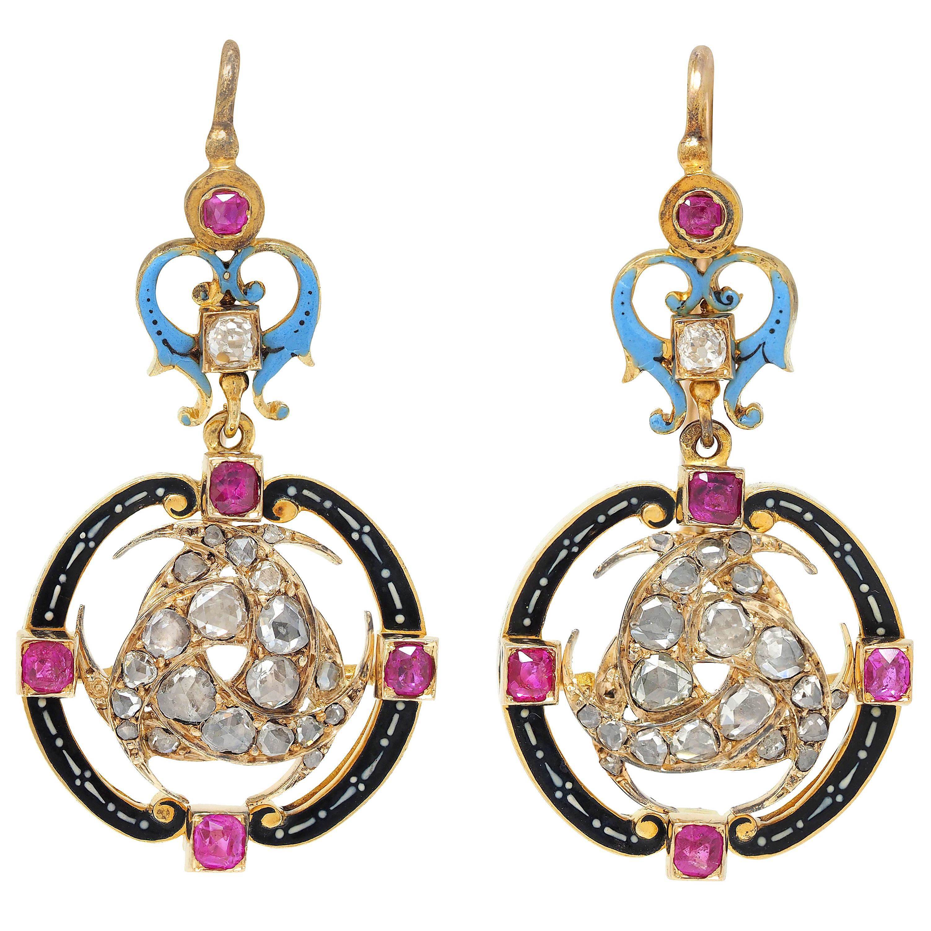 Carlo Giuliano Orecchini Rinascimentali con Smalto Multi Gemma in oro 18K in vendita