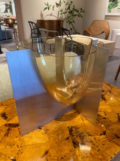 Carlo Glass and Stainless Steel Vase, Low, Amber