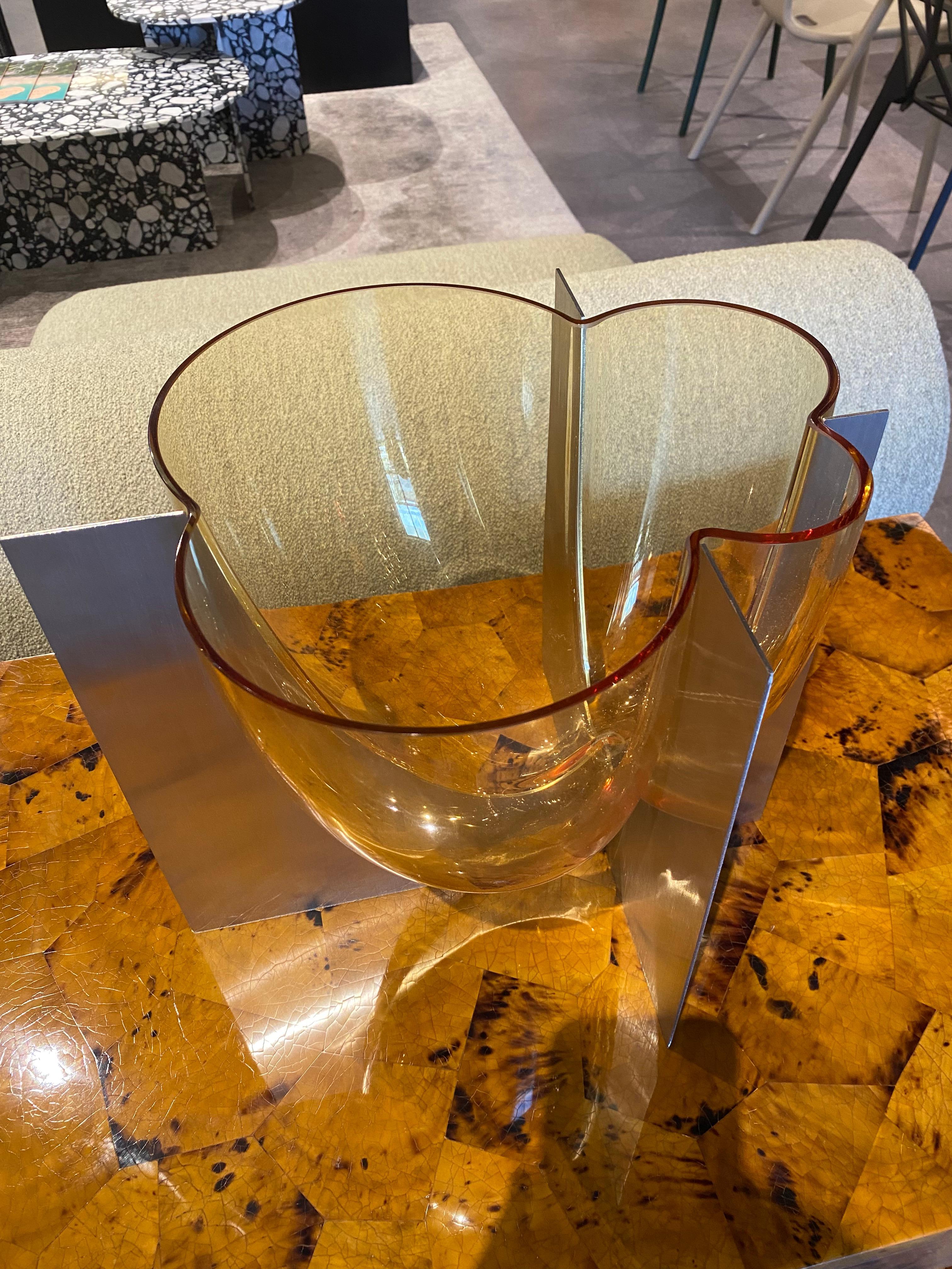 Italian Carlo Glass and Stainless Steel Vase, Low, Amber For Sale
