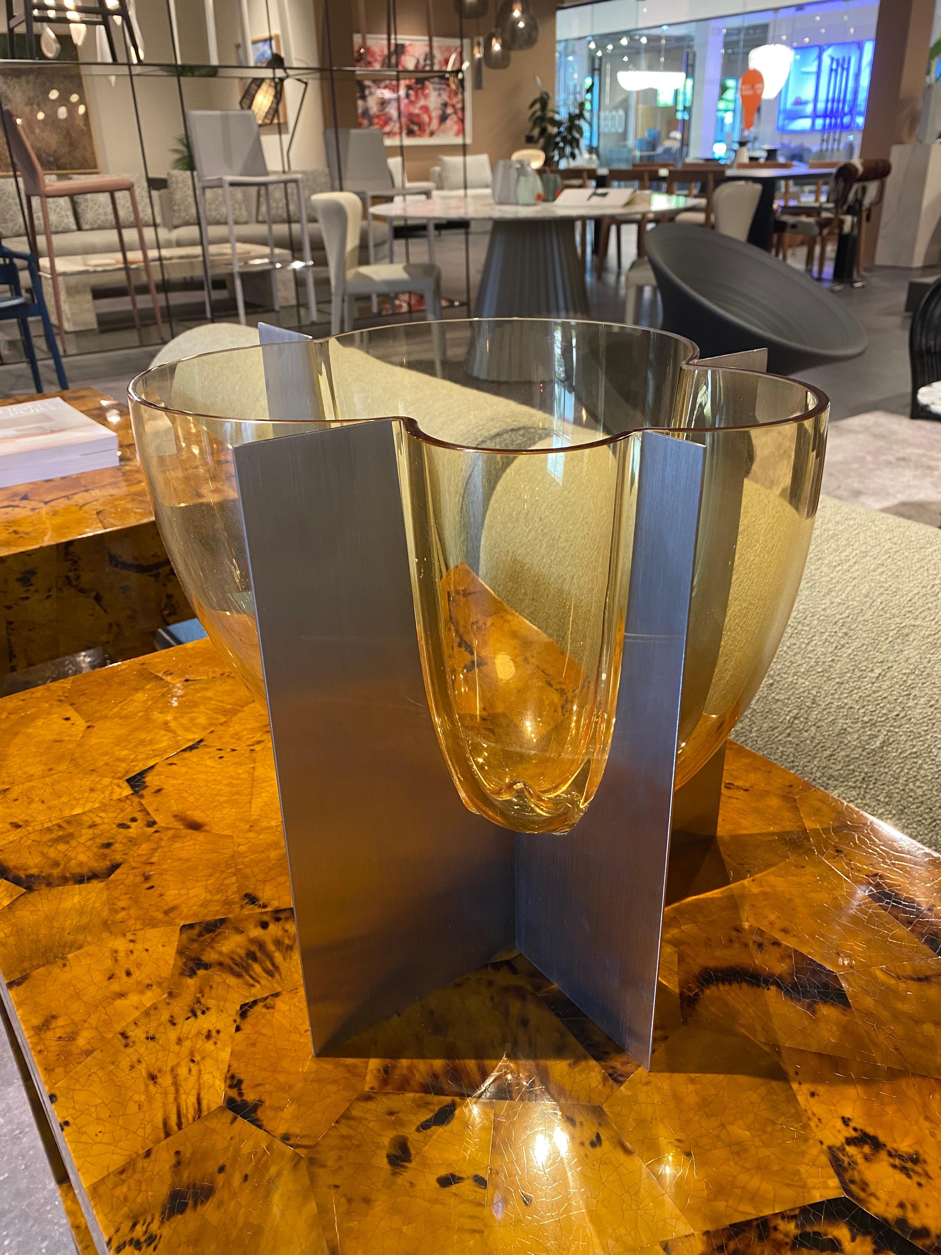 Carlo Glass and Stainless Steel Vase, Low, Amber In New Condition For Sale In Hollywood, FL
