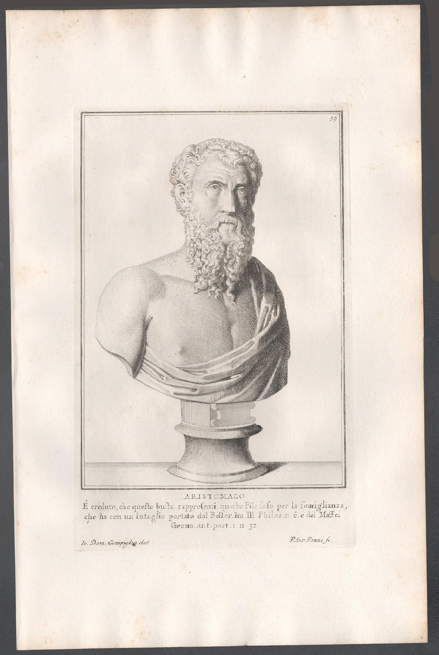 Aristomachus, Ancient Greek, C18th Grand Tour Roman bust engraving, 1741 - Print by Carlo Gregori