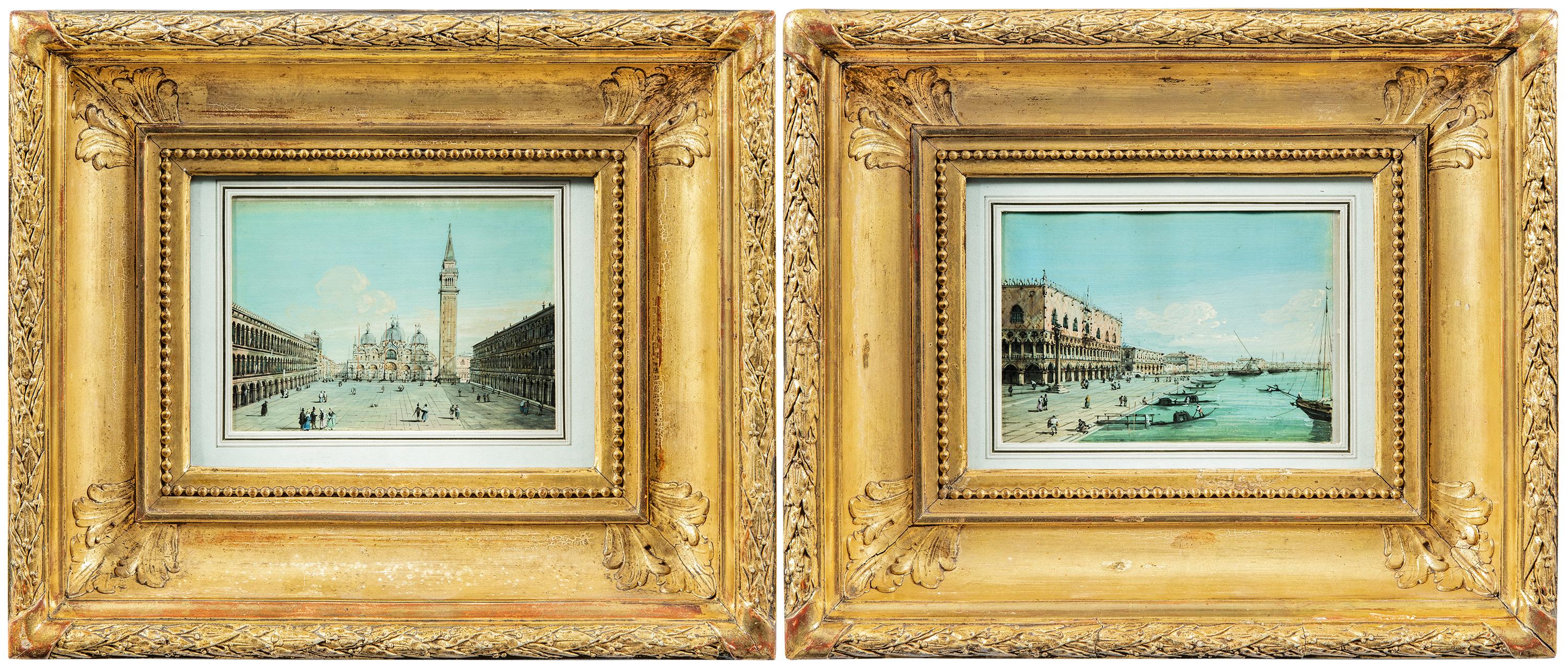 Carlo Grubacs (Perasto 1801 - Venice 1870) - Venice, pair of views of Piazza S. Marco and the Basin towards the Riva degli Schiavoni.

11 x 16 cm without frame, 29.5 x 34.5 cm with frame.

Ancient tempera paintings on paper, in ancient carved and