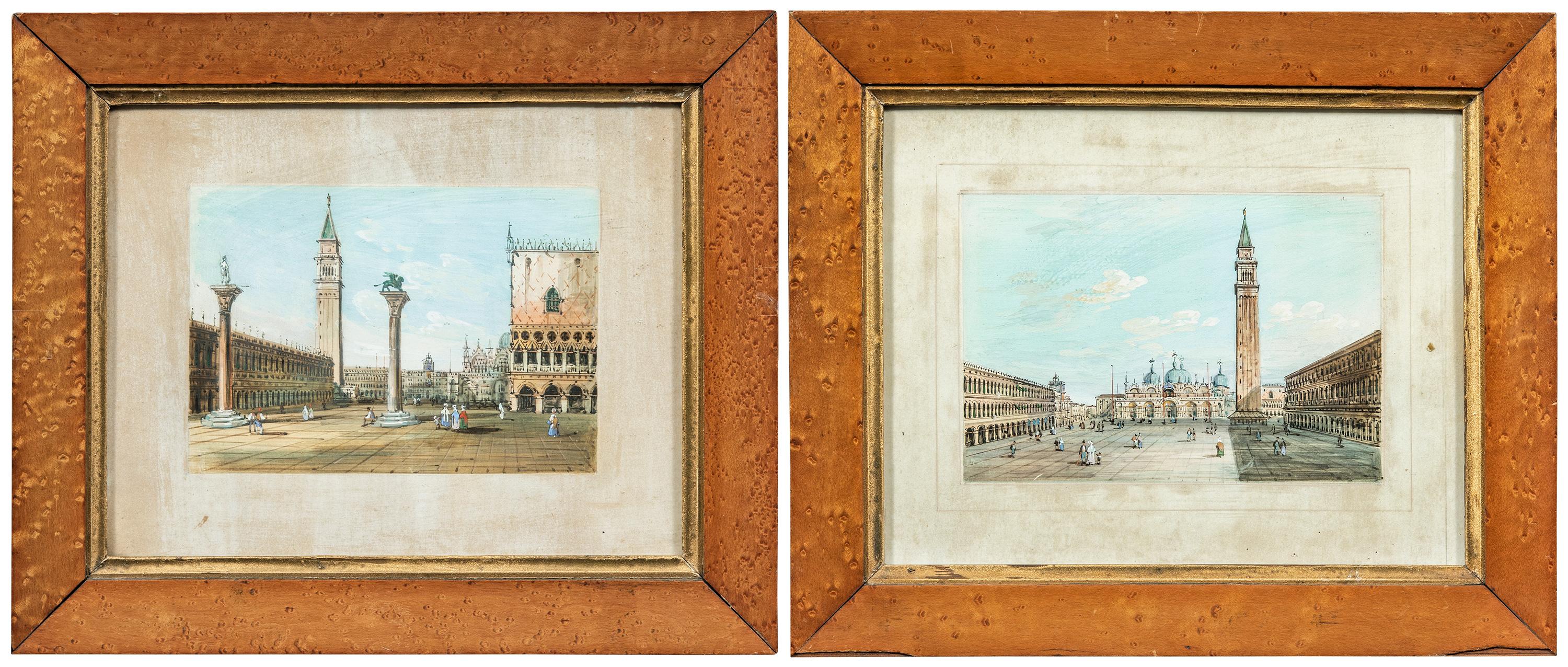 Carlo Grubacs (Perasto 1801 - Venedig 1870) - Venedig, zwei Ansichten der Piazza S. Marco und der Piazzetta in Richtung des Uhrenturms.

19 x 24 cm ohne Rahmen, 25 x 30 cm mit Rahmen.

Antike Temperamalereien auf Papier, in Holzrahmen.

- Die