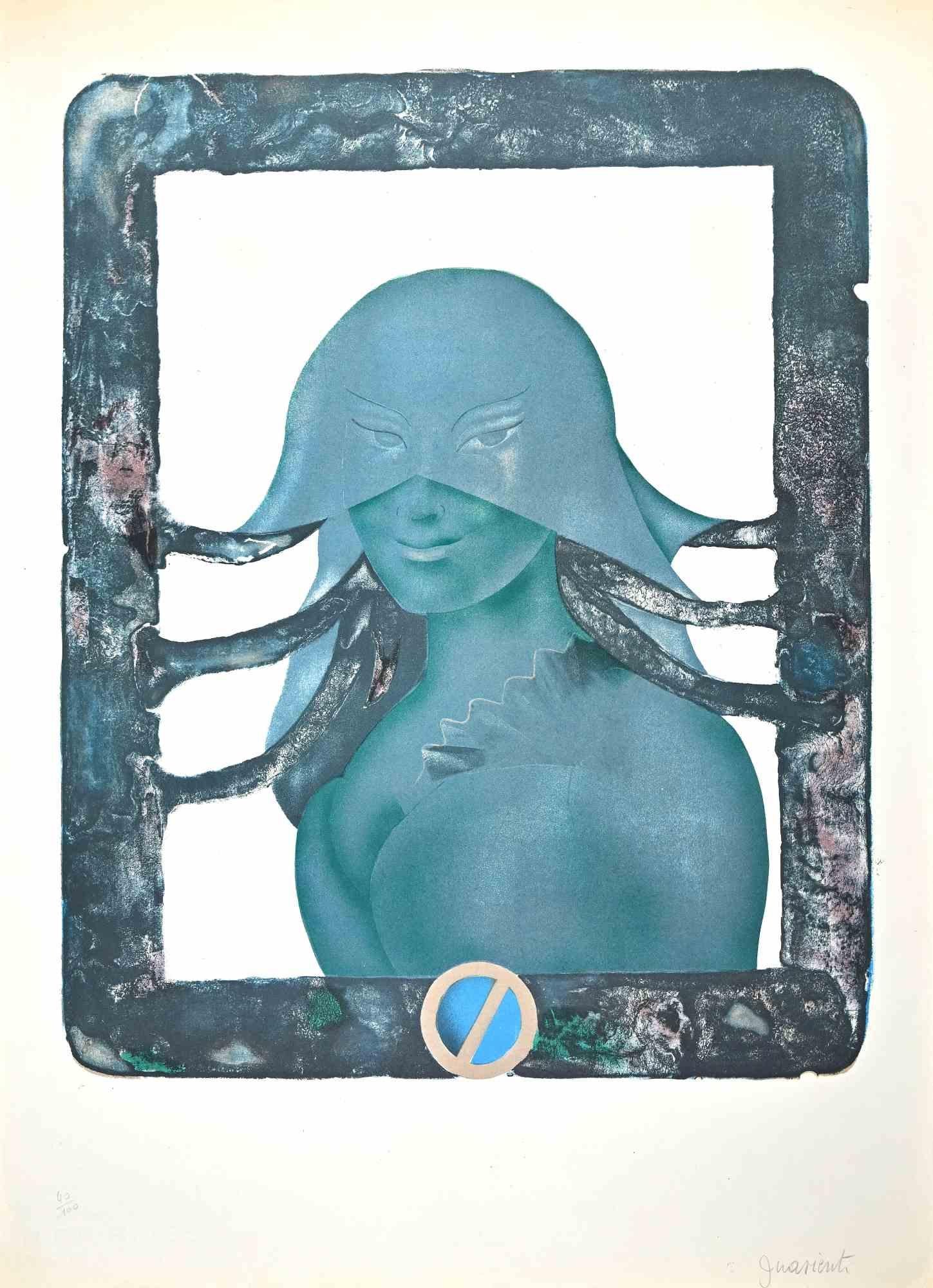 Green Lady is a lithograph print on ivory-colored cardboard realized by Carlo Guarienti in the 1970s.

Hand signed on the lower in pencil,  Numbered on the lower, edition of 40/100 prints.

Good conditions except for a small cutting on the right