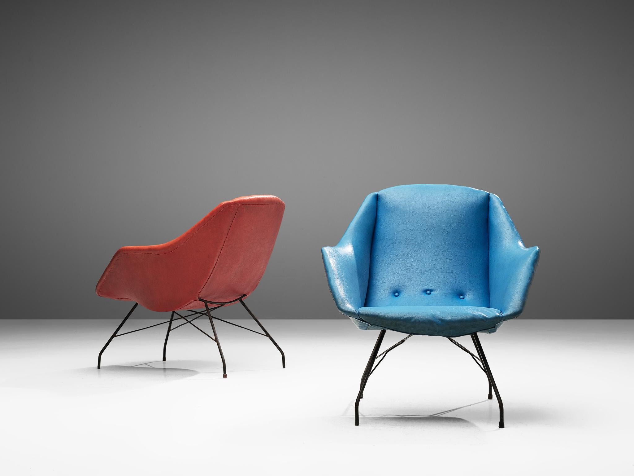 Brazilian Carlo Hauner and Martin Eisler Lounge Chairs in Blue and Red Upholstery  For Sale