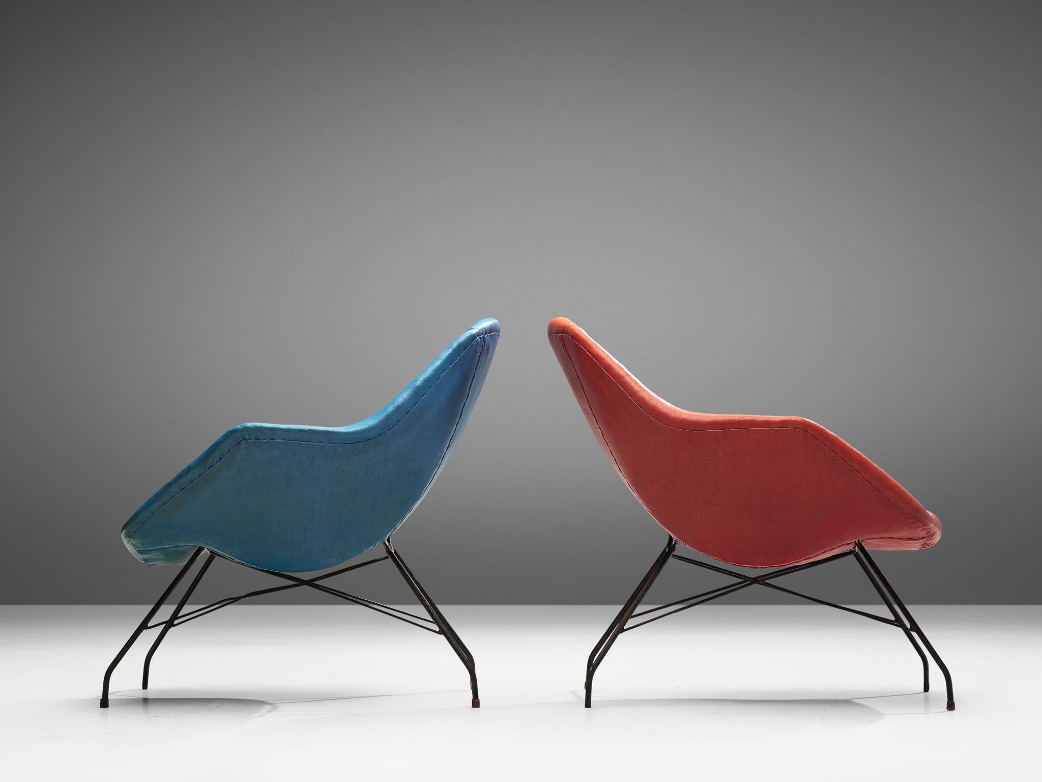 Faux Leather Carlo Hauner and Martin Eisler Lounge Chairs in Blue and Red Upholstery  For Sale