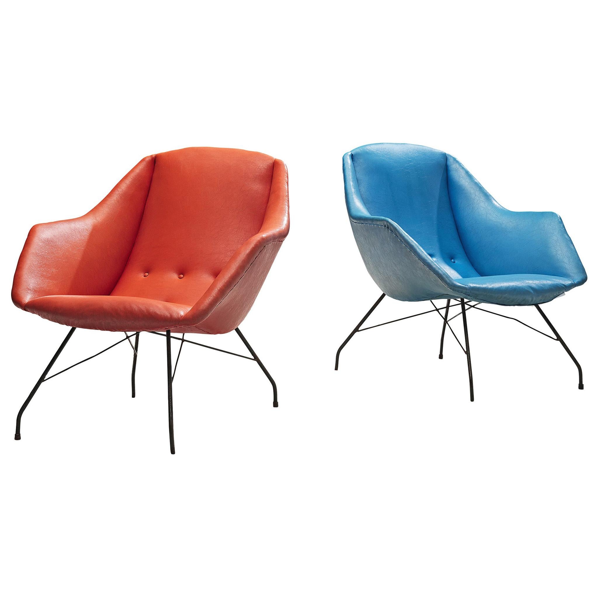 Carlo Hauner and Martin Eisler Lounge Chairs in Blue and Red Upholstery