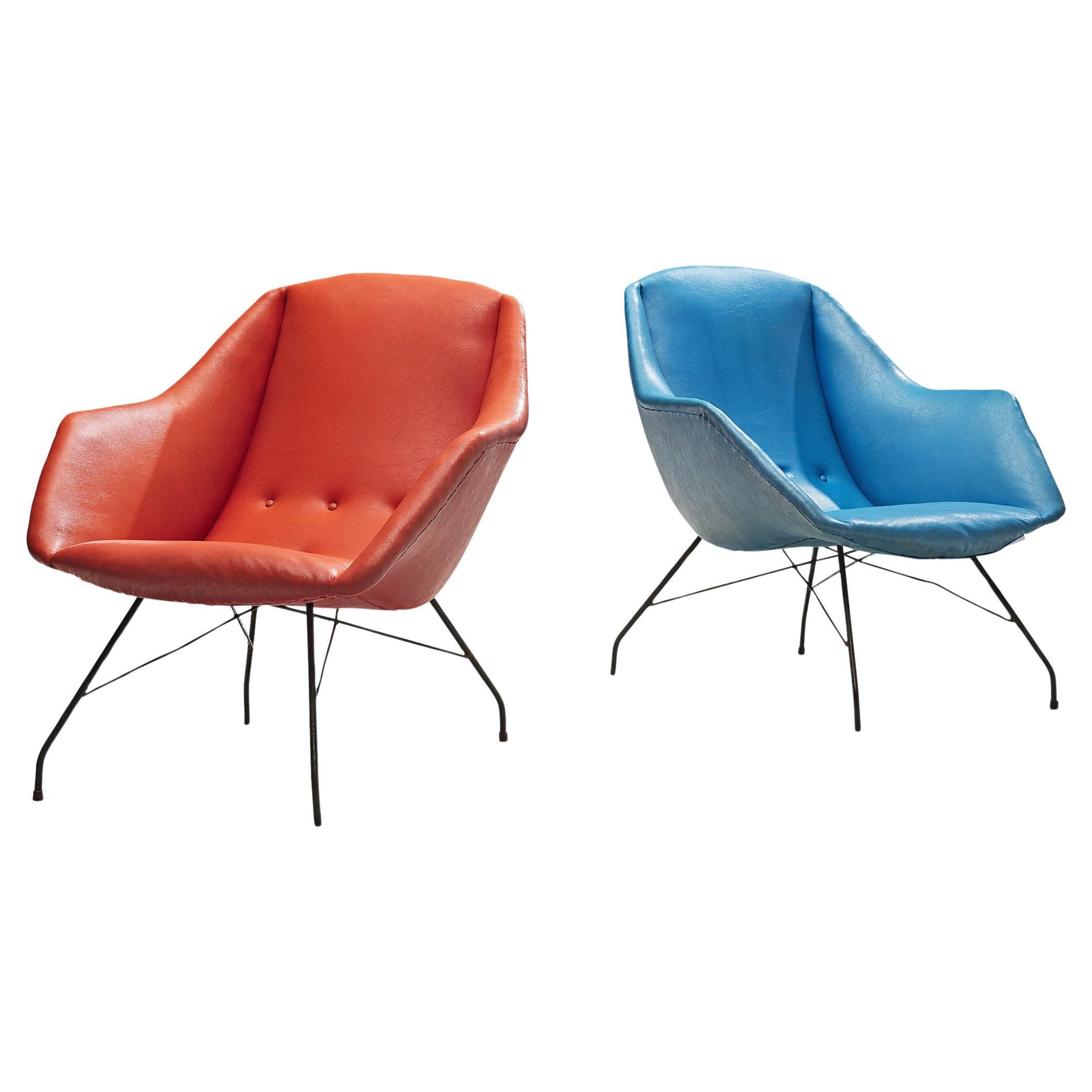 Carlo Hauner and Martin Eisler Lounge Chairs in Blue and Red Upholstery  For Sale