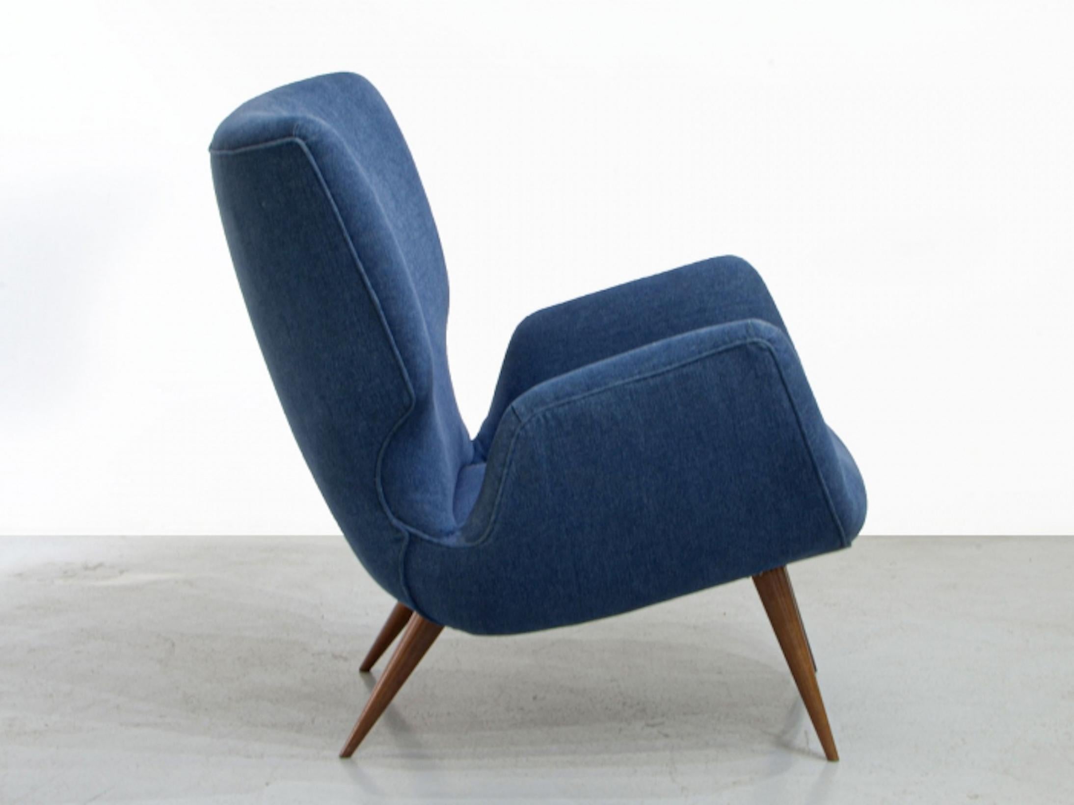 Mid-Century Modern Carlo Hauner, Armchair, 1950's, Caviuna Wood and Blue Cotton For Sale