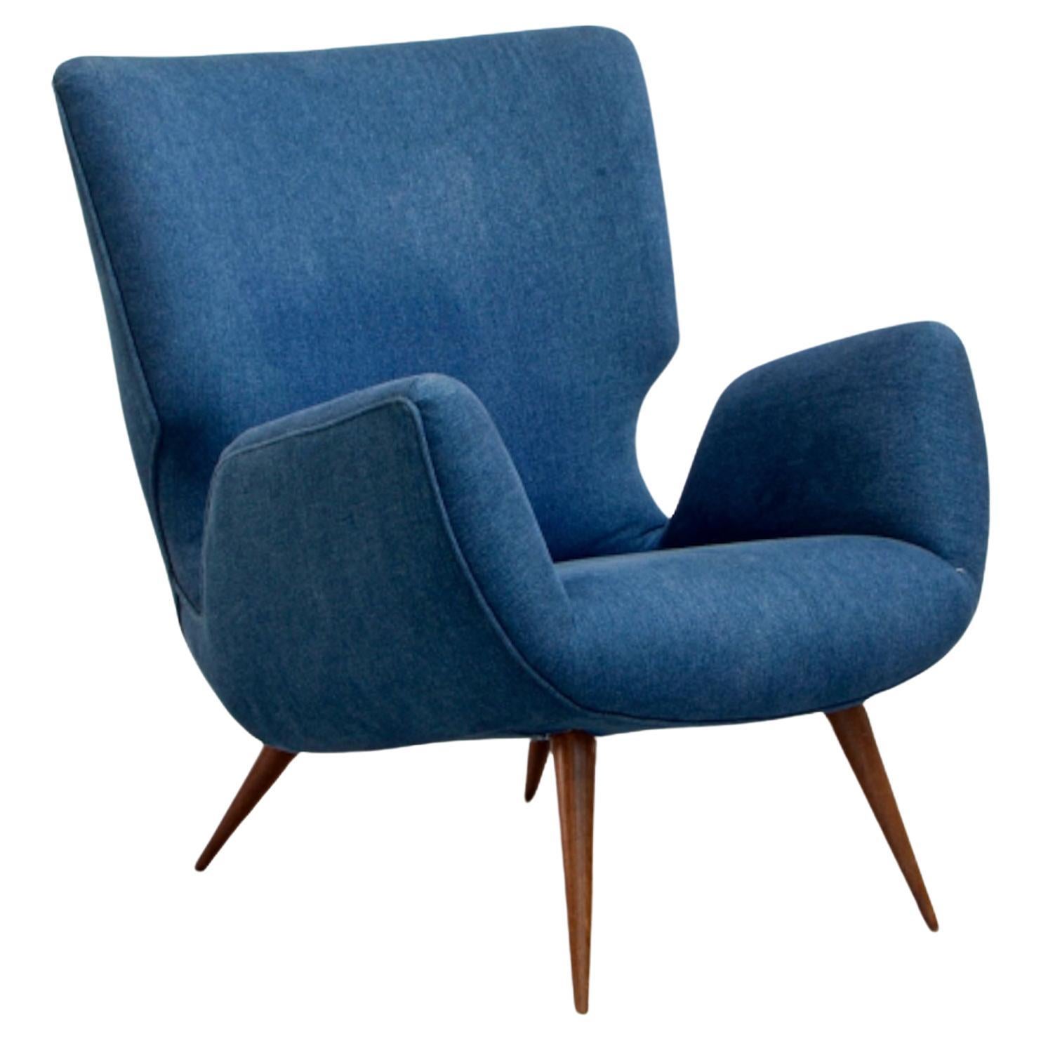 Carlo Hauner, fauteuil, années 1950, Caviuna Wood and Blue Cotton