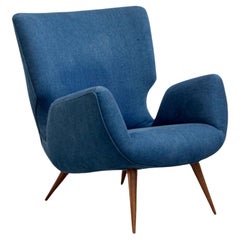 Vintage Carlo Hauner, Armchair, 1950's, Caviuna Wood and Blue Cotton