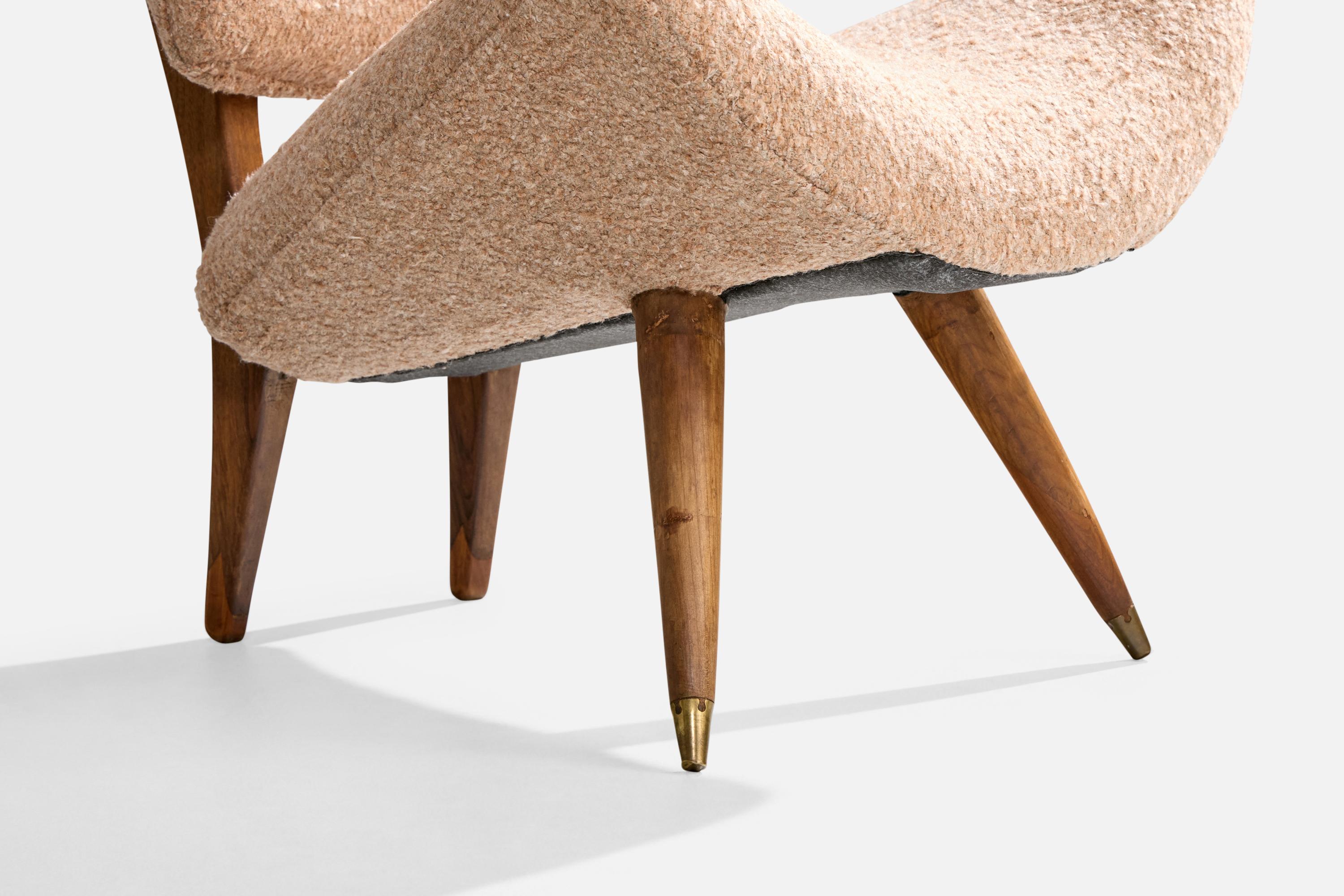 Carlo Hauner Attribuzione, Sedia da salotto, Wood, Ottone, Tessuto, Italia, anni '50 in vendita 4