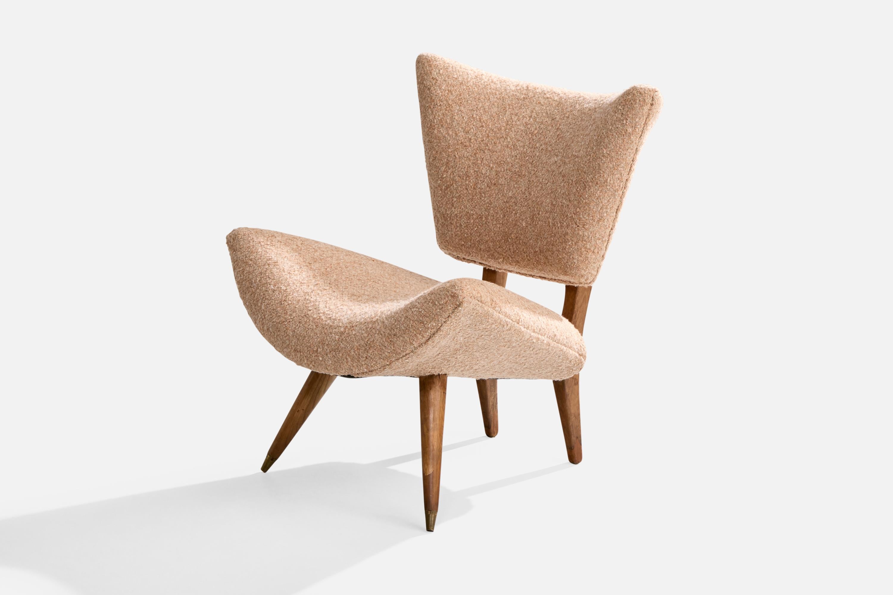 Italiano Carlo Hauner Attribuzione, Sedia da salotto, Wood, Ottone, Tessuto, Italia, anni '50 in vendita