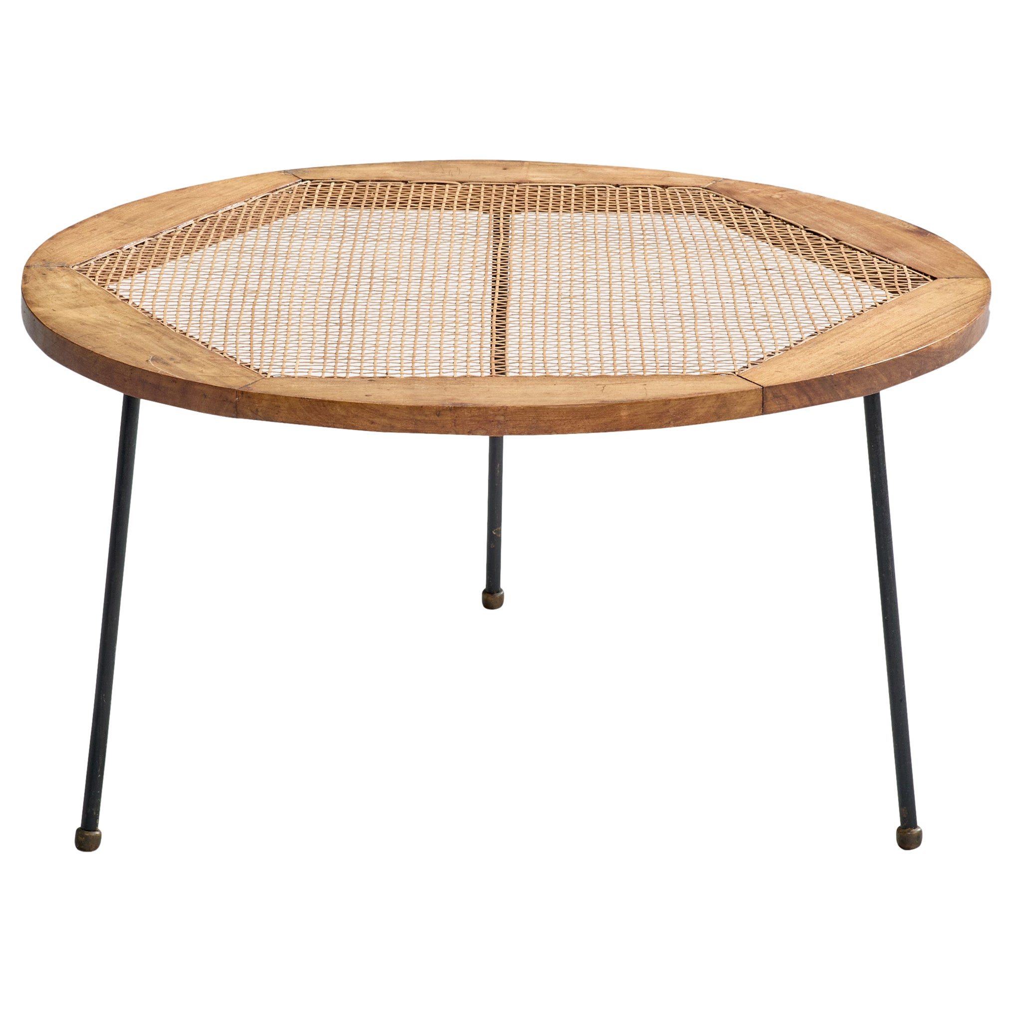 Carlo Hauner, Coffee Table, Caviúna, Iron, Rattan, Brass, Brazil, 1950s For Sale