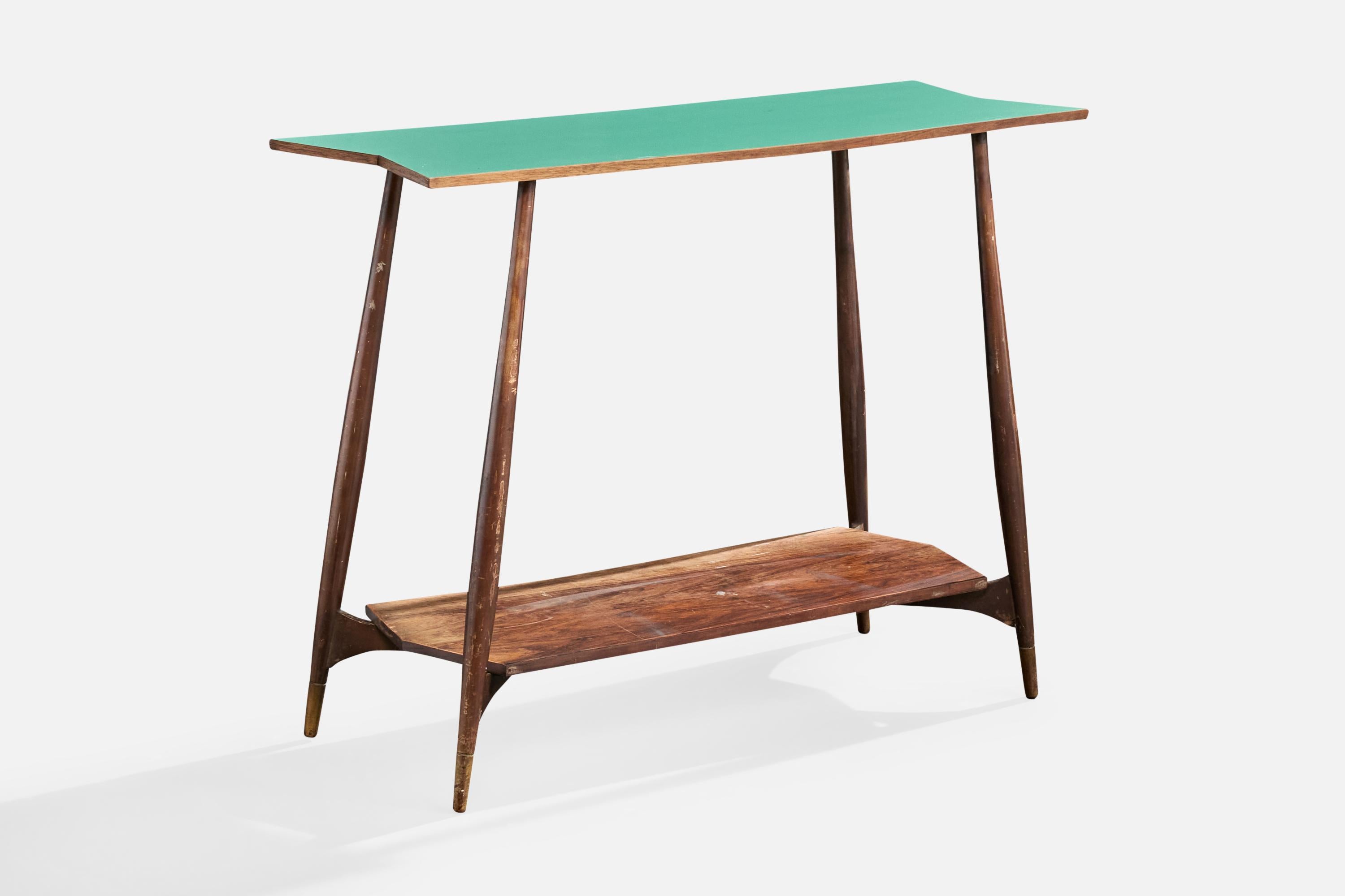 A wood and green formica console table designed by Carlo Hauner and produced by Forma, Brazil, c. 1950s.

In unrestored original condition with lively wear and patina. 

Overall Dimensions (inches): 33.0