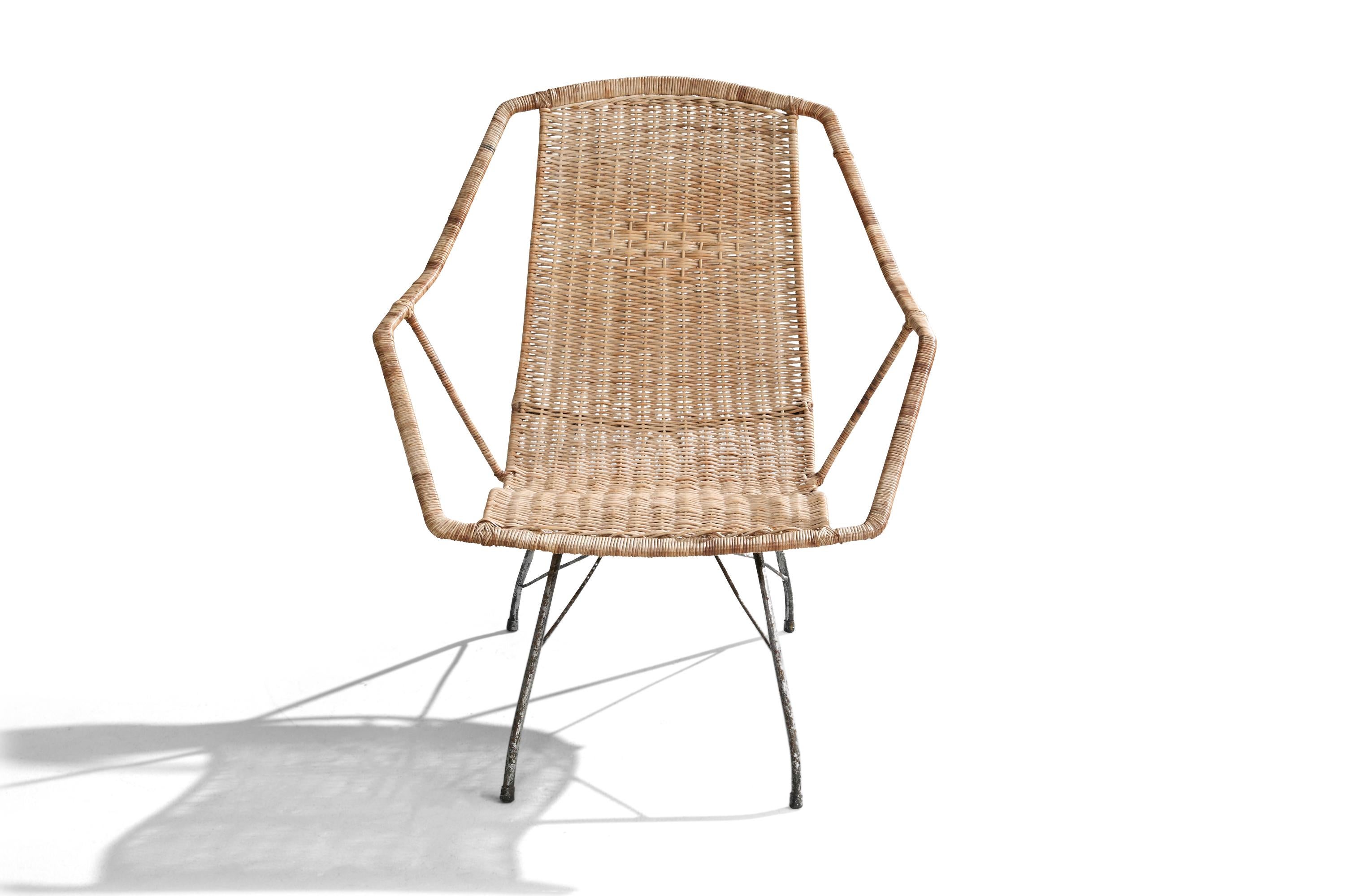 Mid-Century Modern Carlo Hauner & Martin Eisler, Lounge Chair, Iron, Rattan, Brazil, 1950s For Sale