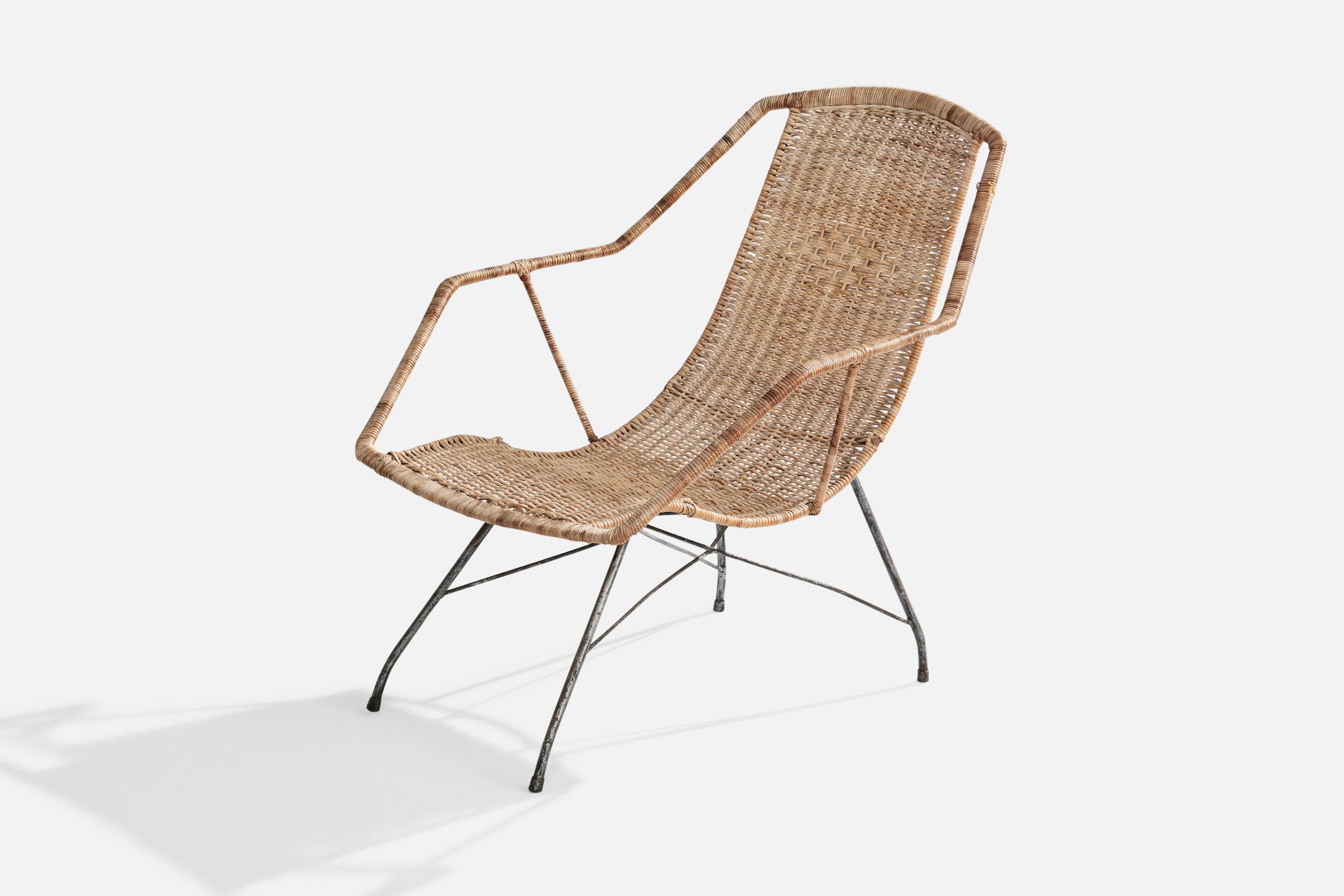 Brazilian Carlo Hauner & Martin Eisler, Lounge Chair, Iron, Rattan, Brazil, 1950s For Sale