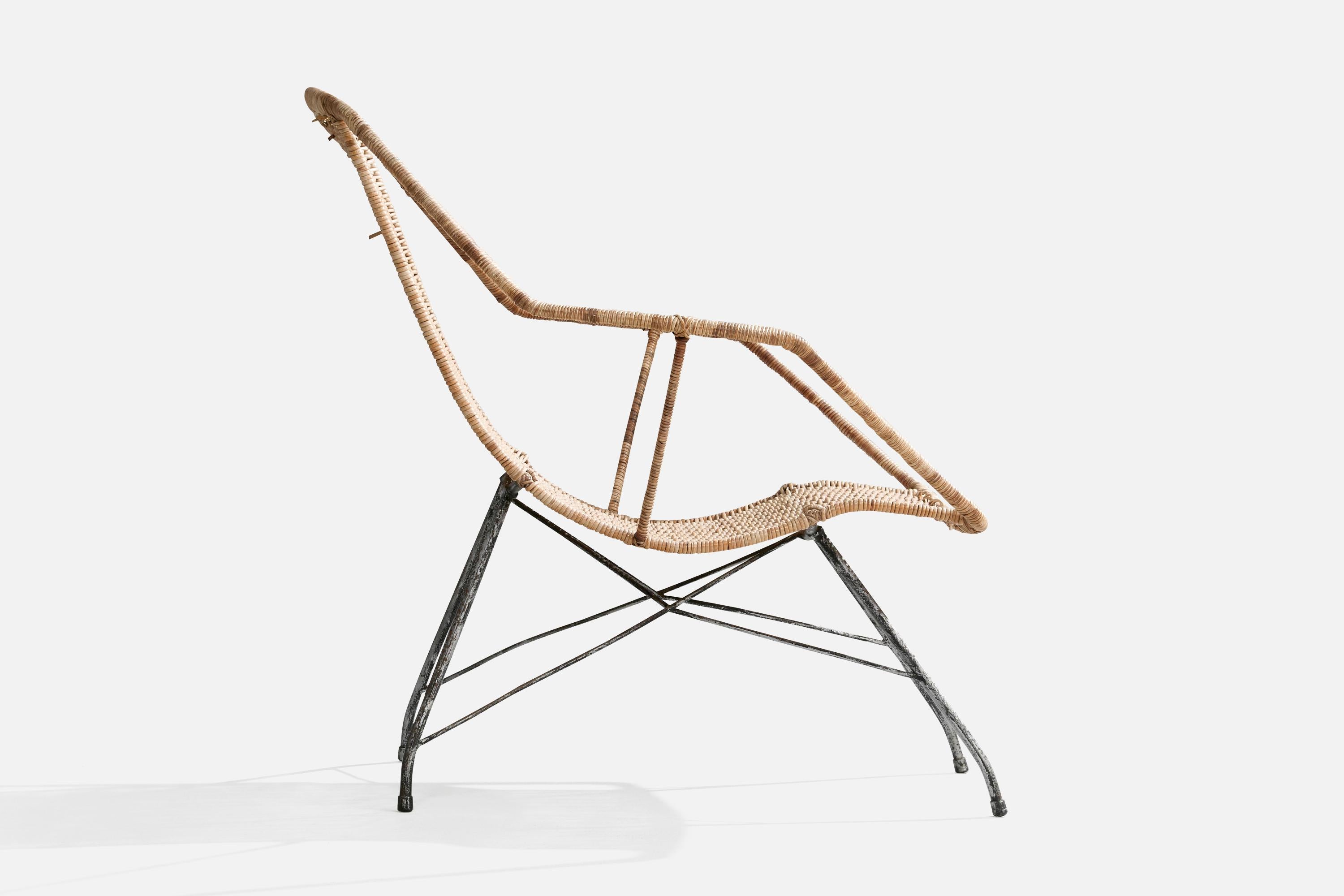 Mid-20th Century Carlo Hauner & Martin Eisler, Lounge Chair, Iron, Rattan, Brazil, 1950s For Sale