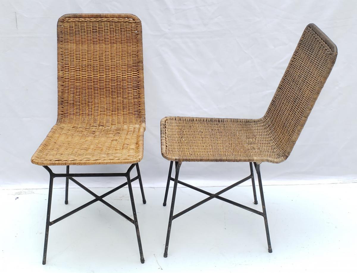 Pair of armchairs with iron structure and cane covered seating, designed by the Brazilian modern designer Carlo Hauner in the 1950s.