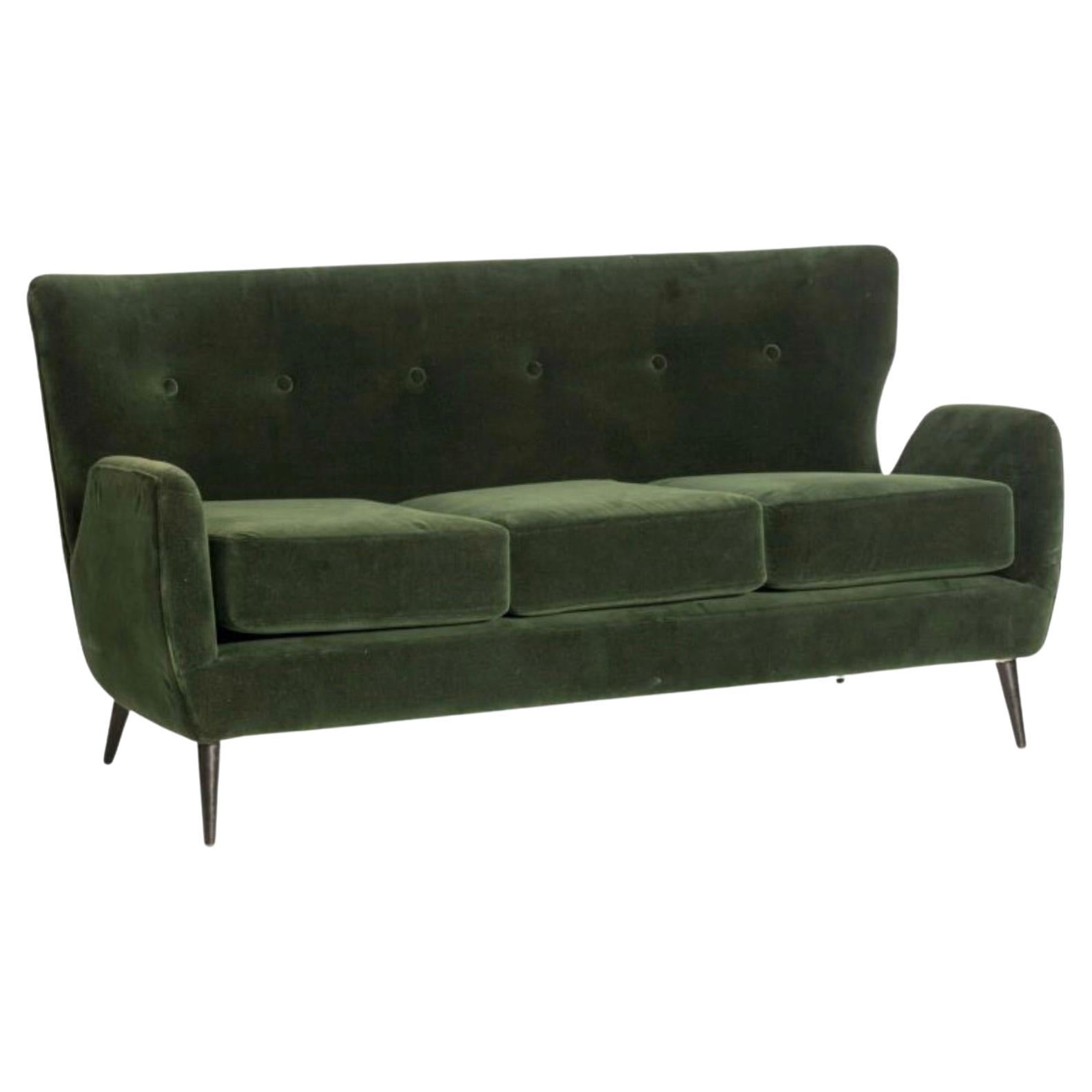 Carlo Hauner. Sofa, c. 1950. Green cotton wood and velvet For Sale