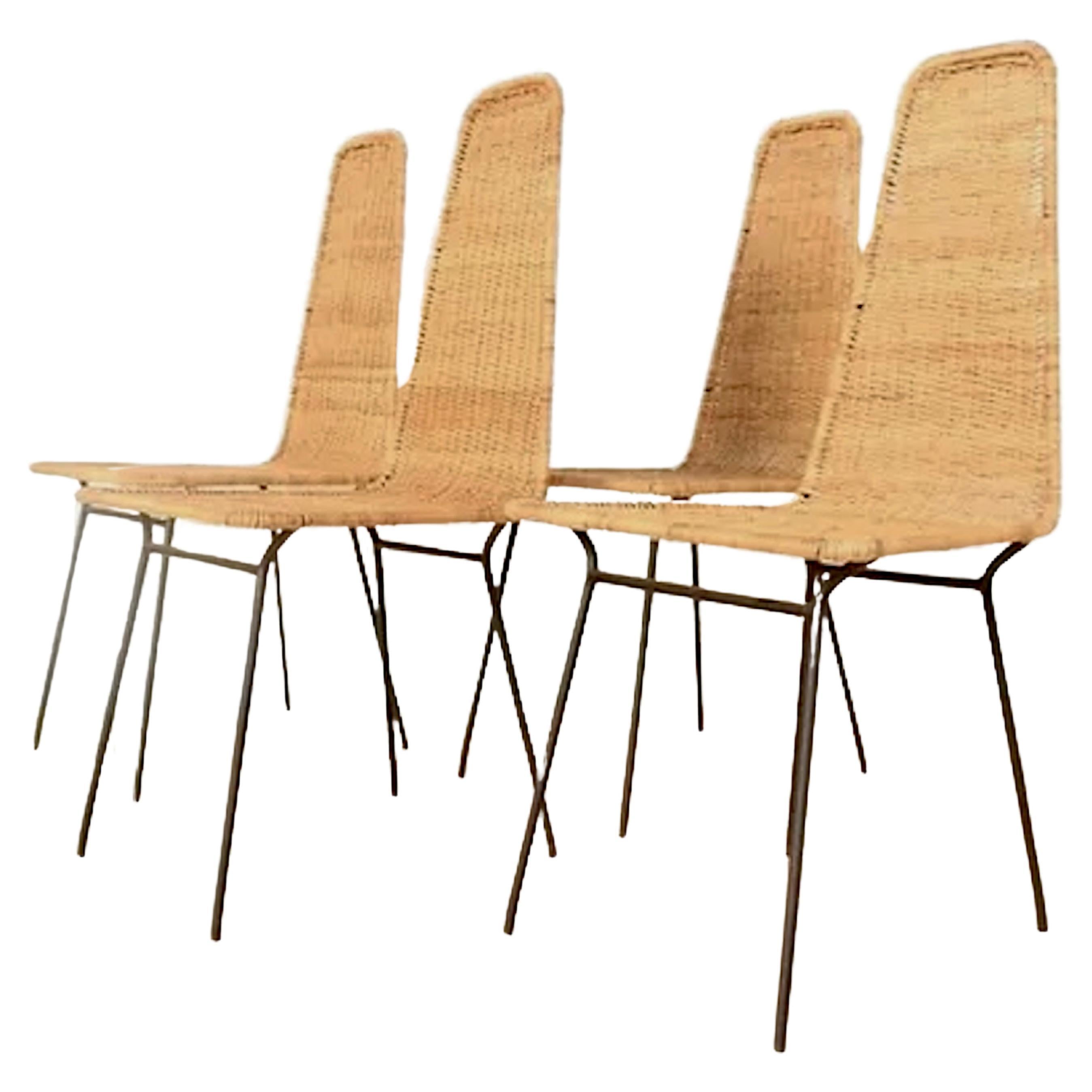 Carlo Hauner. Suite of 4 Rattan chairs, c. 1950. Metal and rattan For Sale