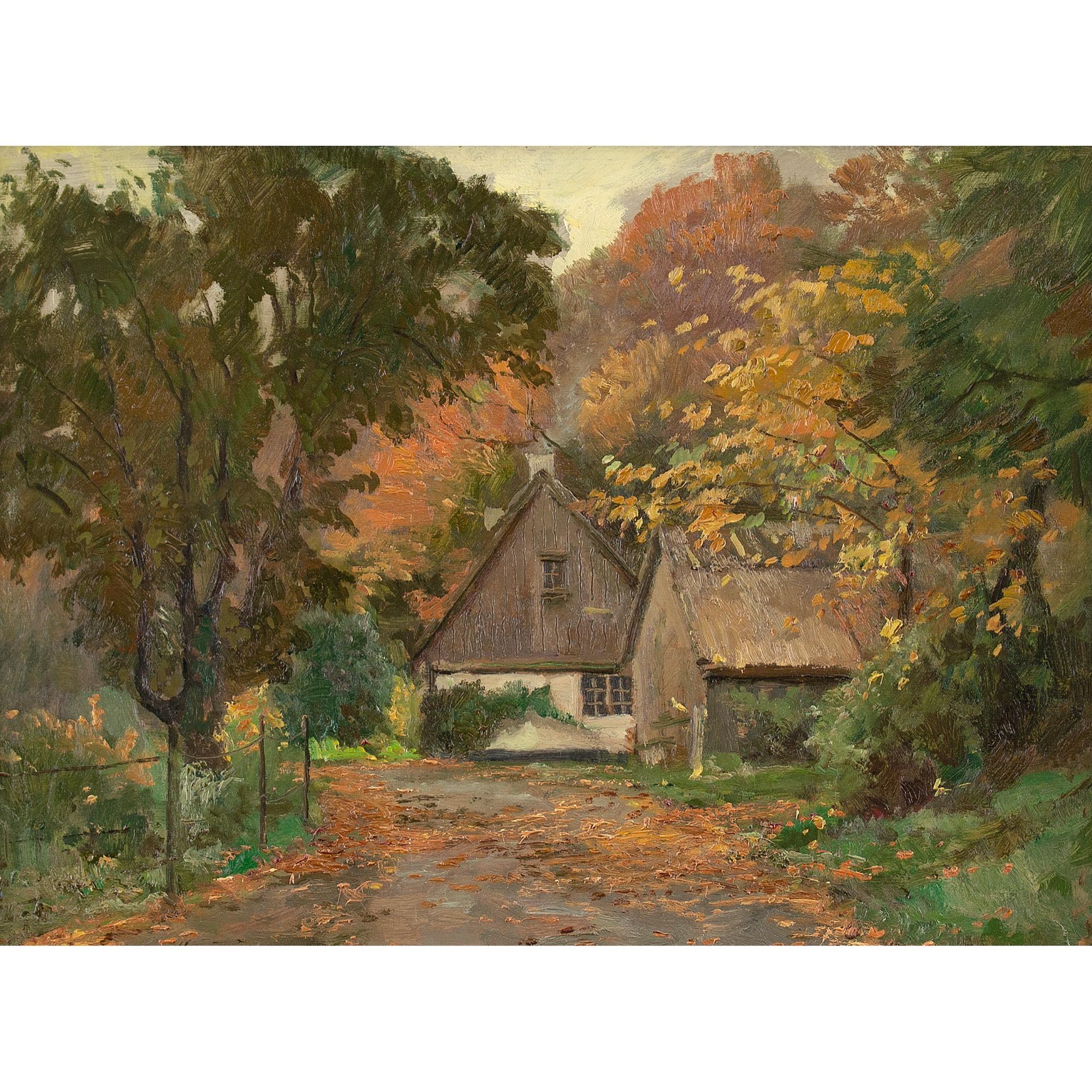 This picturesque mid-20th-century oil painting by Danish artist Carlo Hornung-Jensen (1862-1960) depicts a rural view within the district of Søllerød, Copenhagen. It’s probably painted outdoors and it’s an area the artist particularly enjoyed.

Here