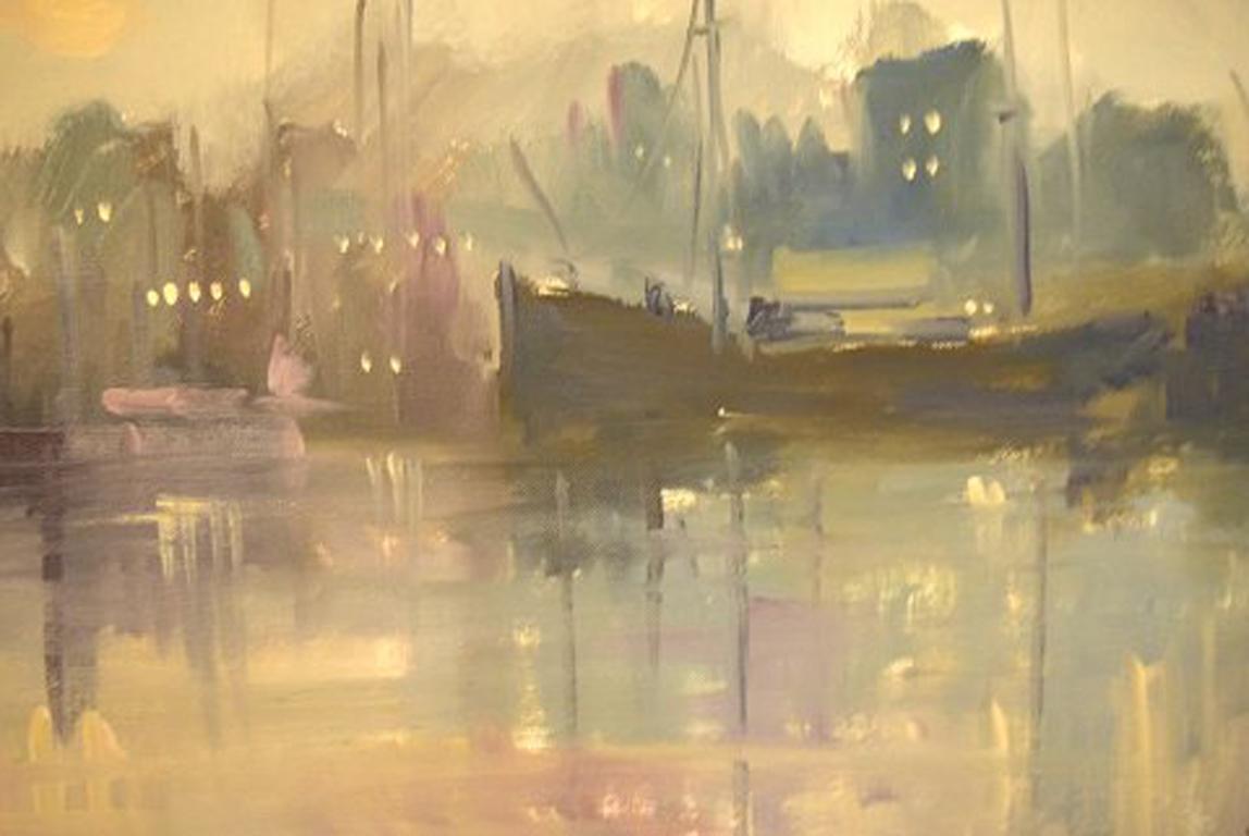Carlo Knud Hansen, Denmark, Oil on Canvas, Harbor Scene In Good Condition In Copenhagen, DK