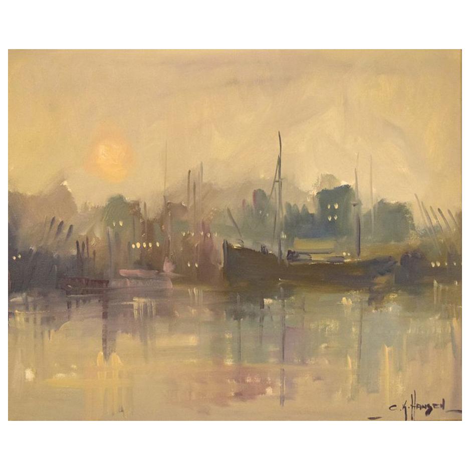 Carlo Knud Hansen, Denmark, Oil on Canvas, Harbor Scene