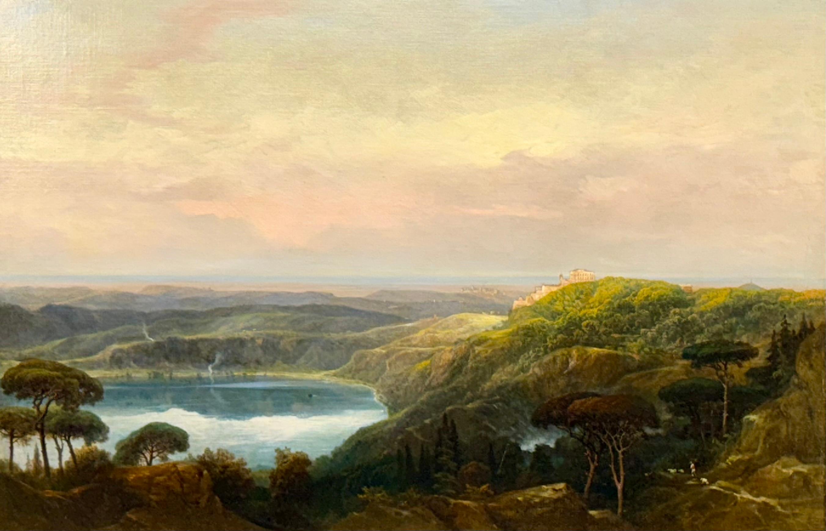 Una vista del lago di Nemi, Italia - Painting di Carlo Labruzzi