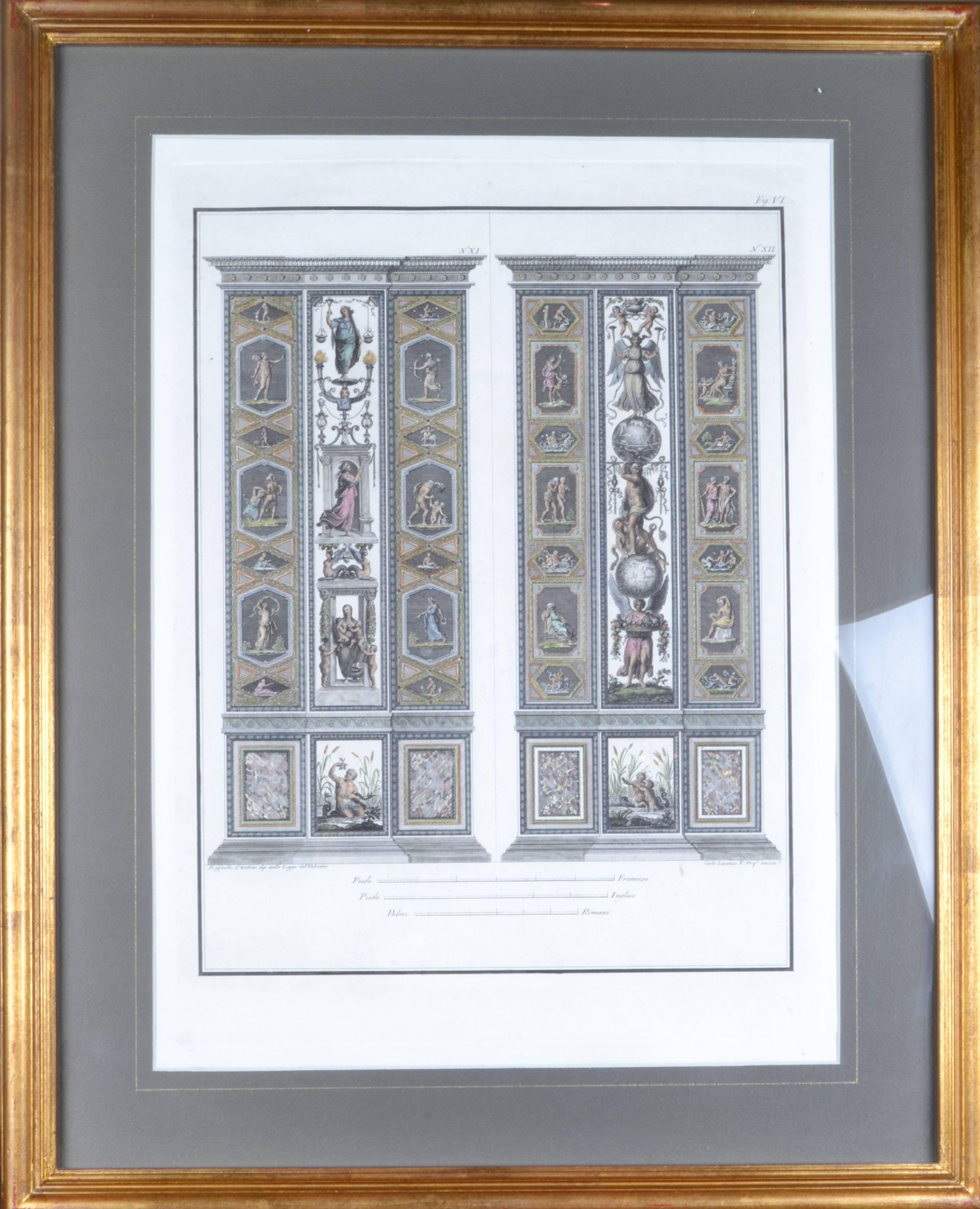 Romain classique Gravure de Carlo Lasinio de la Loggia Del Vaticano par Raffaello D'urbino. Ensemble 4 pièces en vente