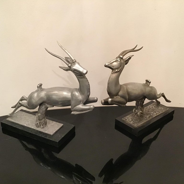 Art Deco Carlo Lorenzetti Bookends Marbre Pewter Silver Metal, 1930, Italy For Sale