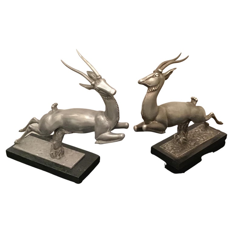Carlo Lorenzetti Bookends Marbre Pewter Silver Metal, 1930, Italy For Sale
