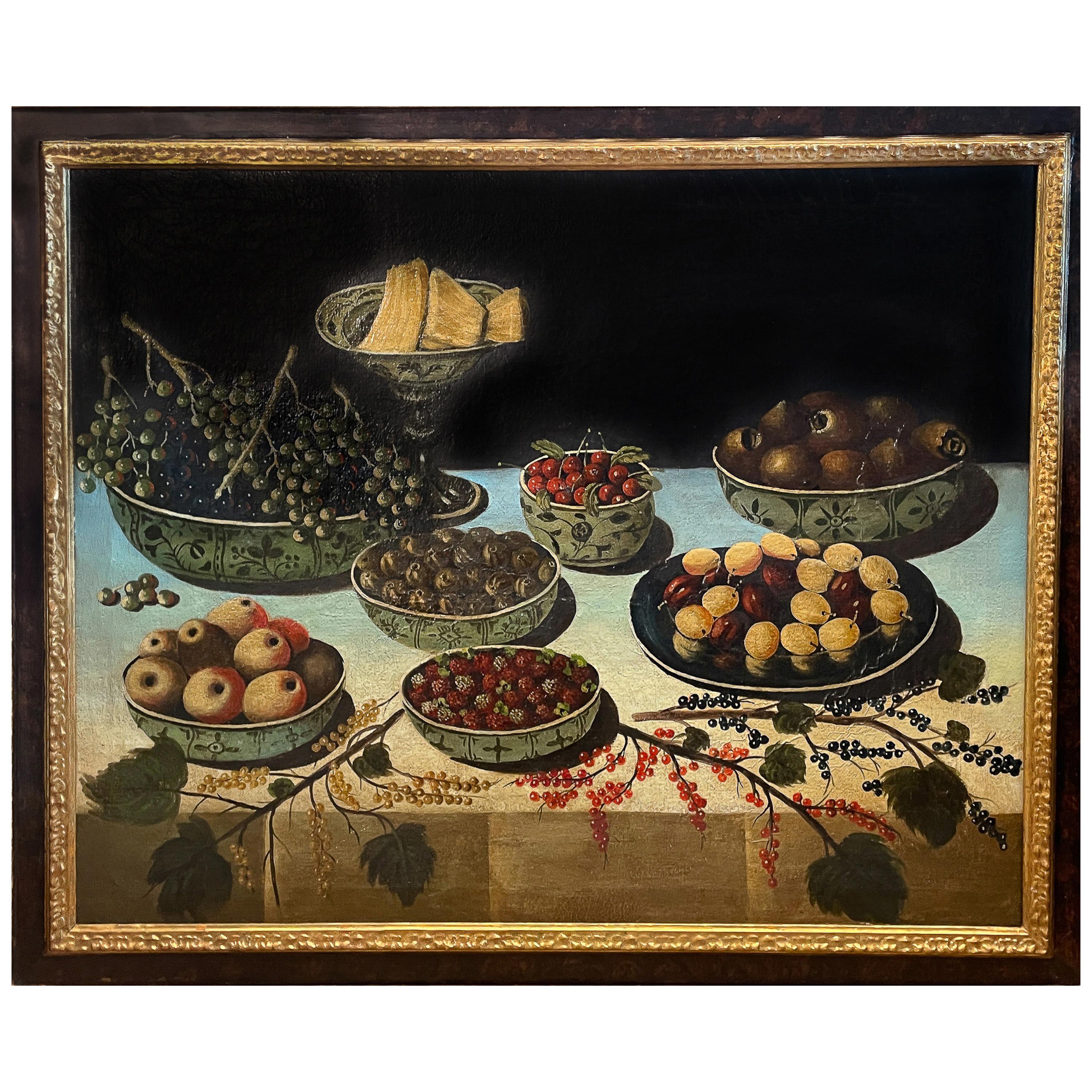 Large Antique Italian Baroque 18th Century Still Life Fruit Oil Canvas Painting - Black Still-Life Painting by Carlo Magini