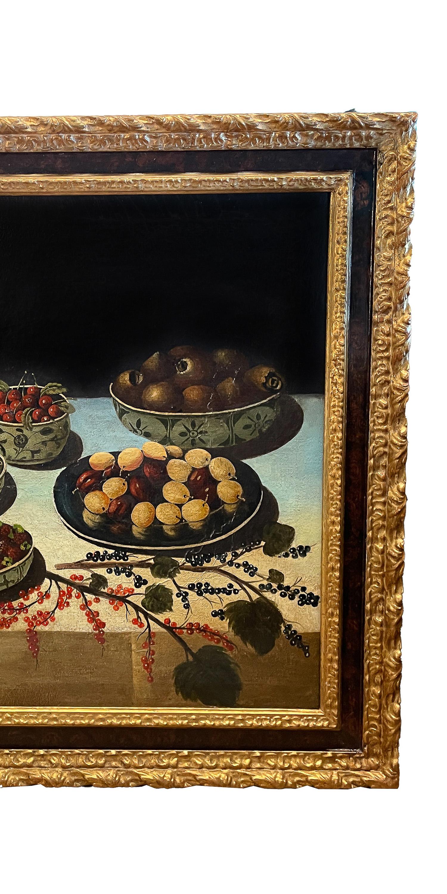 Large Antique Italian Baroque 18th Century Still Life Fruit Oil Canvas Painting For Sale 1
