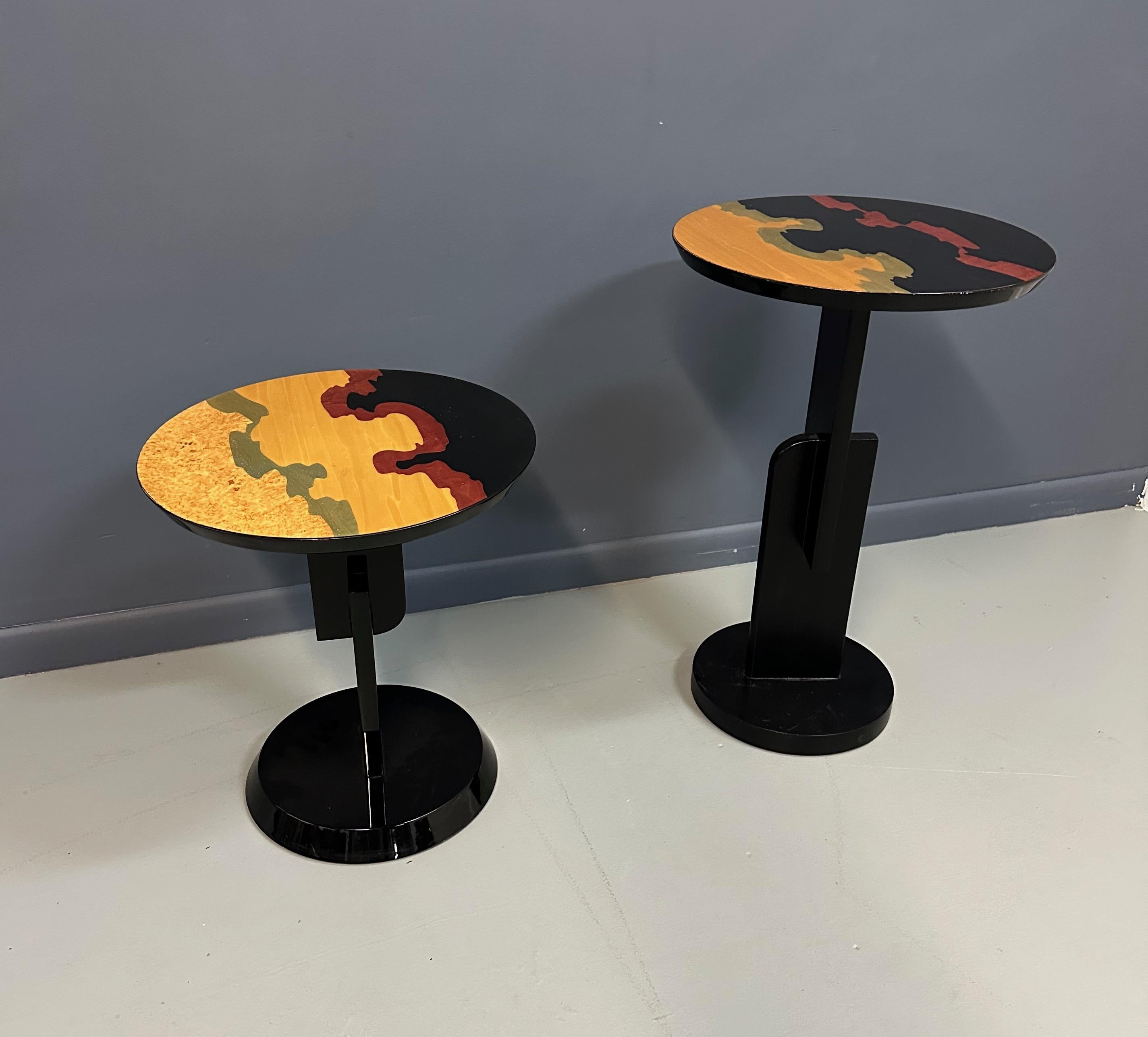 Add a touch of contemporary elegance to your space with our Carlo Malnati Style Post Modern Side Tables. These expertly crafted tables feature inlay wood tops, providing both functionality and style. Elevate your living room or bedroom with these