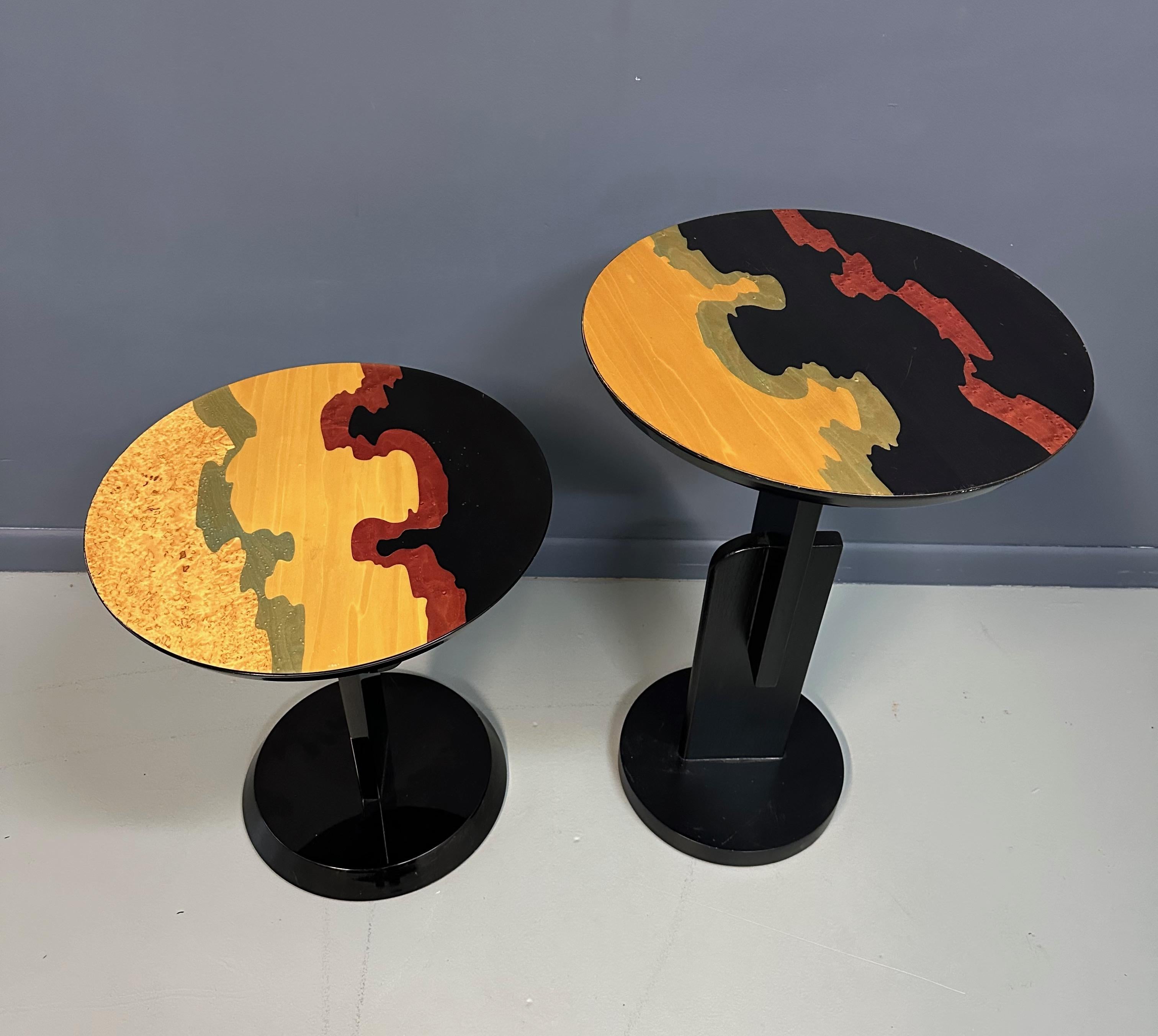 Post-Modern Carlo Malnati Style Post Modern Side Tables with Inlay Wood Tops For Sale