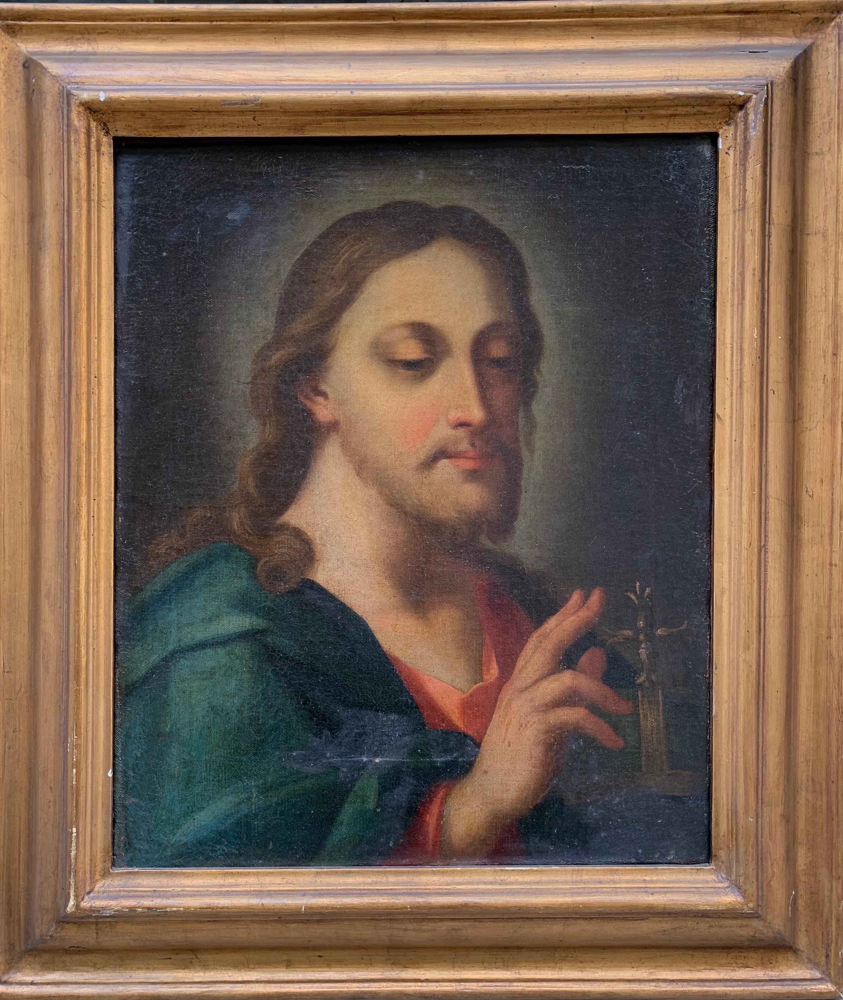 Blessing Christ, or Salvator mundi. 
Italian school, 18th century. 
Oil on canvas technique. 
Relined. 
Some signs of aging, wear, scratches, some old minor restorations are visible. 
Respiration in oué studio is a aimable on request. 
In fair