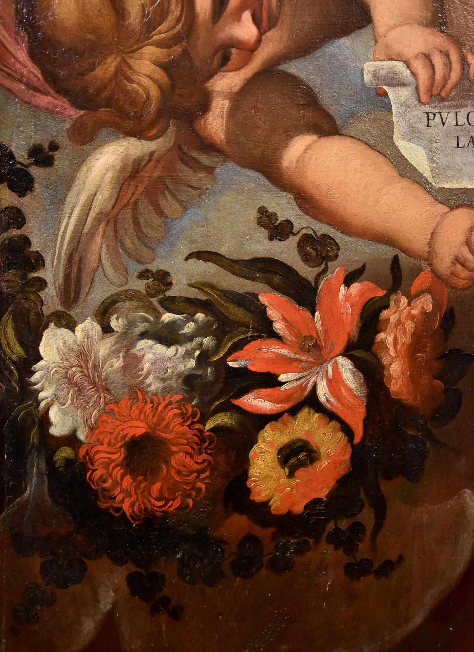 Angels Floral Garland Maratta Paint Oil on table Old master 17th Century Italian For Sale 4