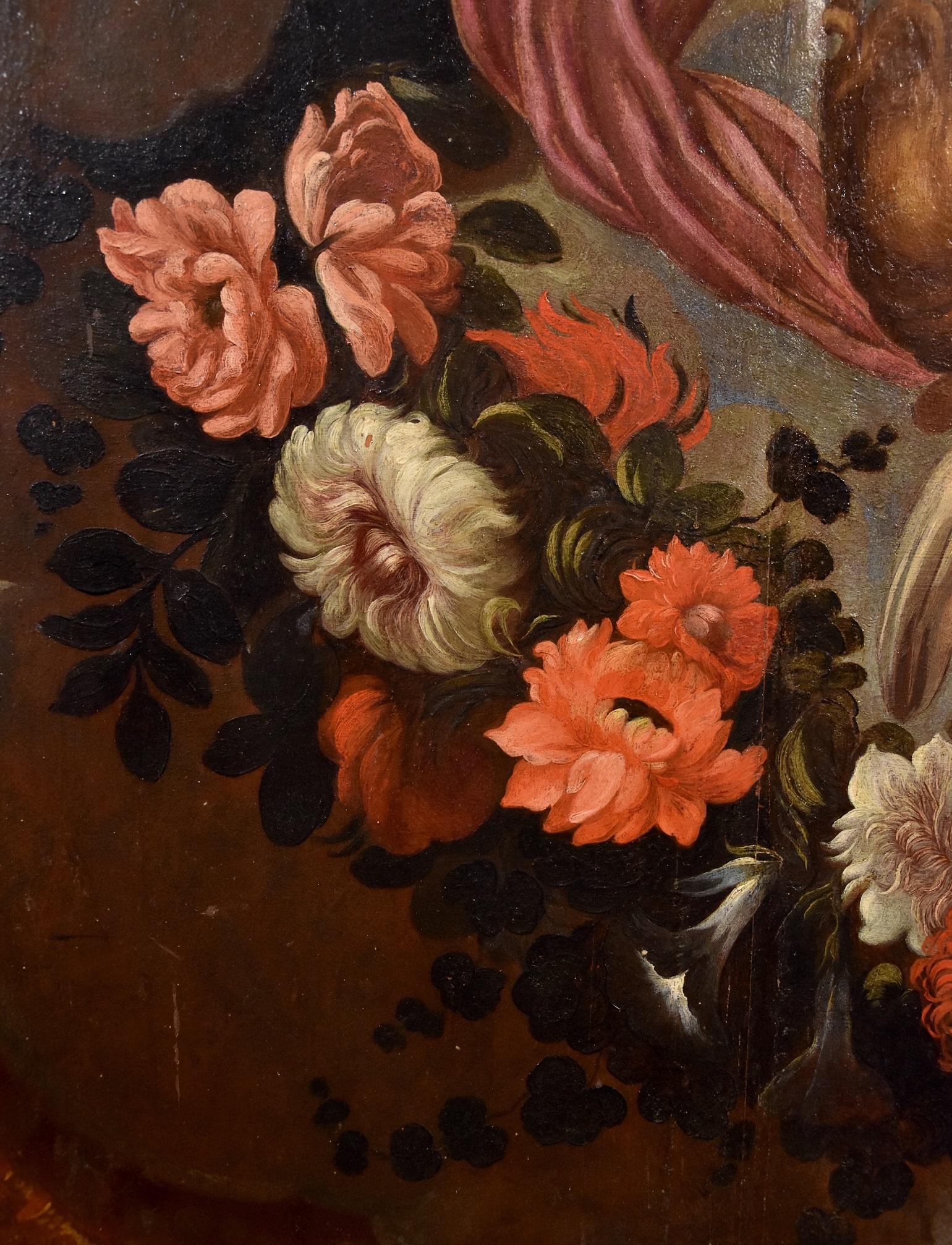 Angels Floral Garland Maratta Paint Oil on table Old master 17th Century Italian For Sale 5