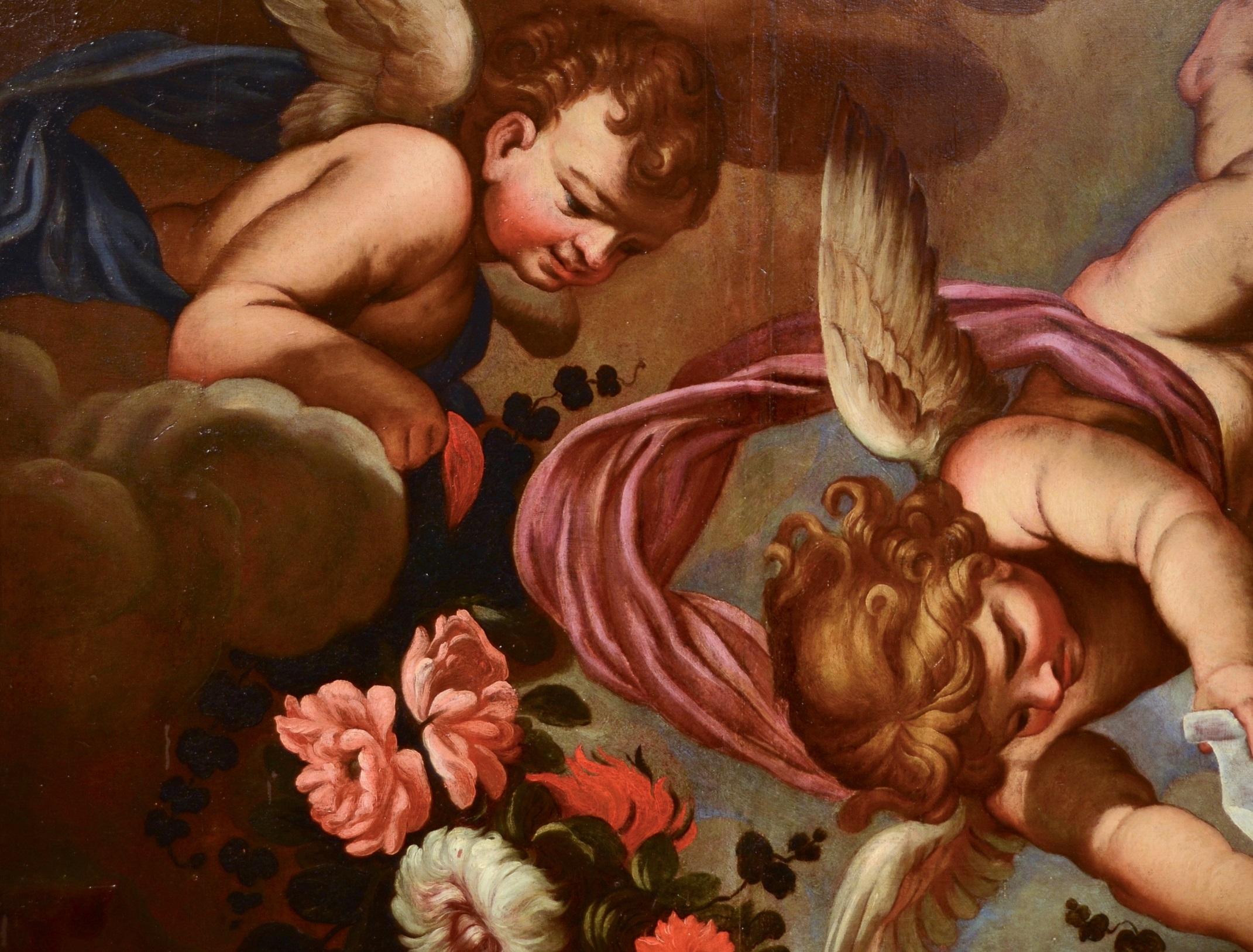 Angels Floral Garland Maratta Paint Oil on table Old master 17th Century Italian For Sale 7