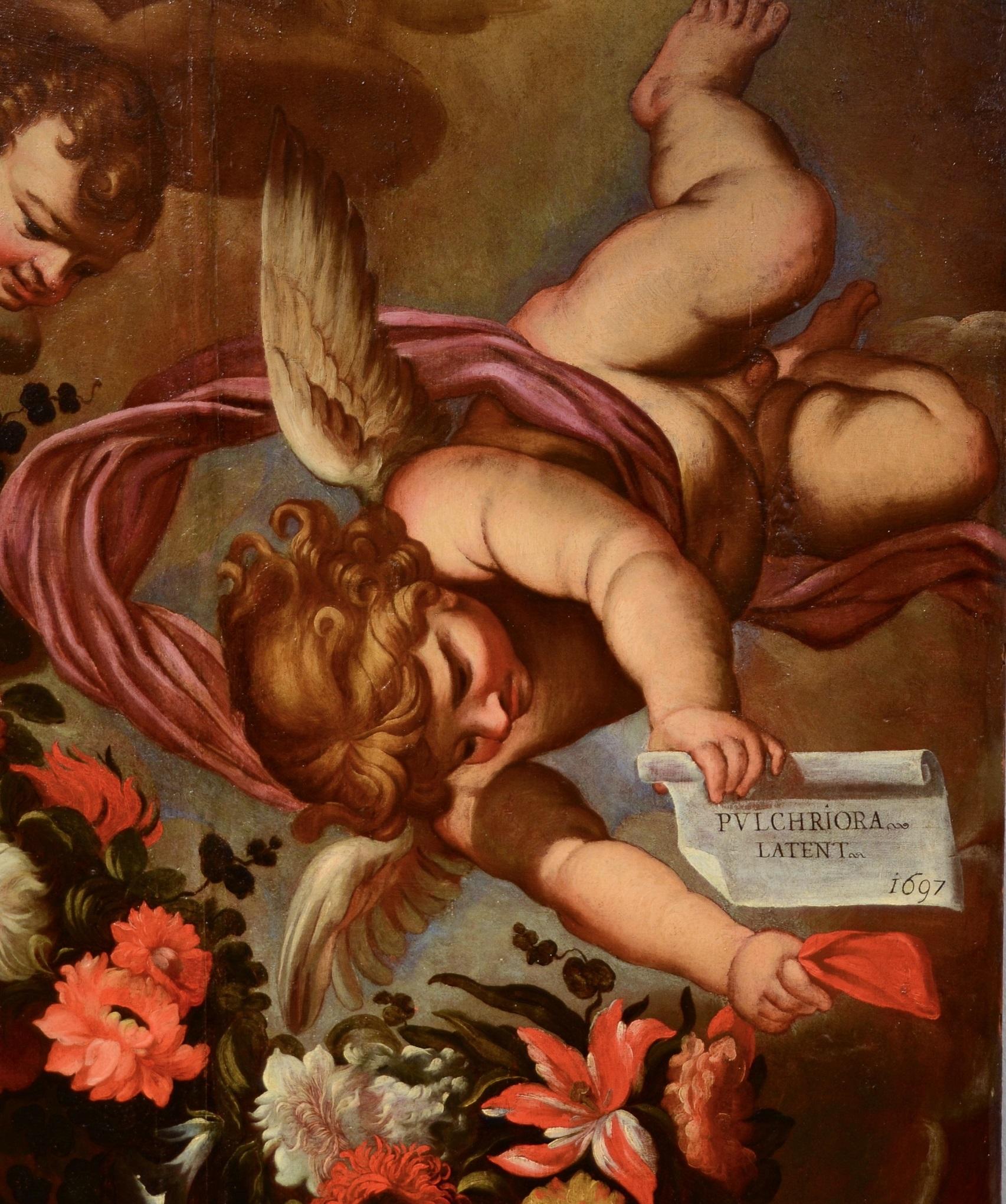 Peinture à l'huile sur table Angels Floral Garland Maratta de l'ancien maître italien du 17ème siècle en vente 11