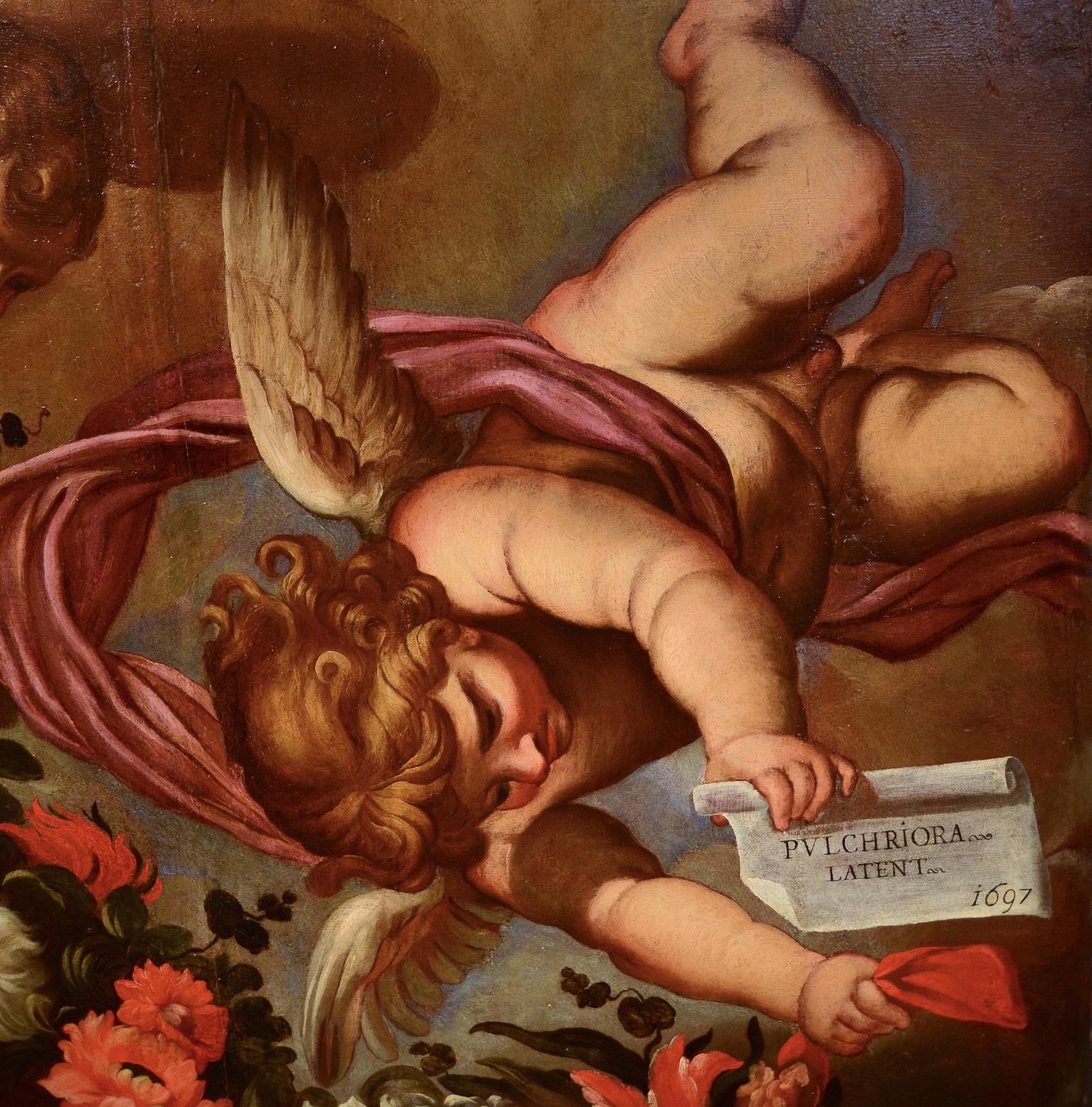 Peinture à l'huile sur table Angels Floral Garland Maratta de l'ancien maître italien du 17ème siècle en vente 13