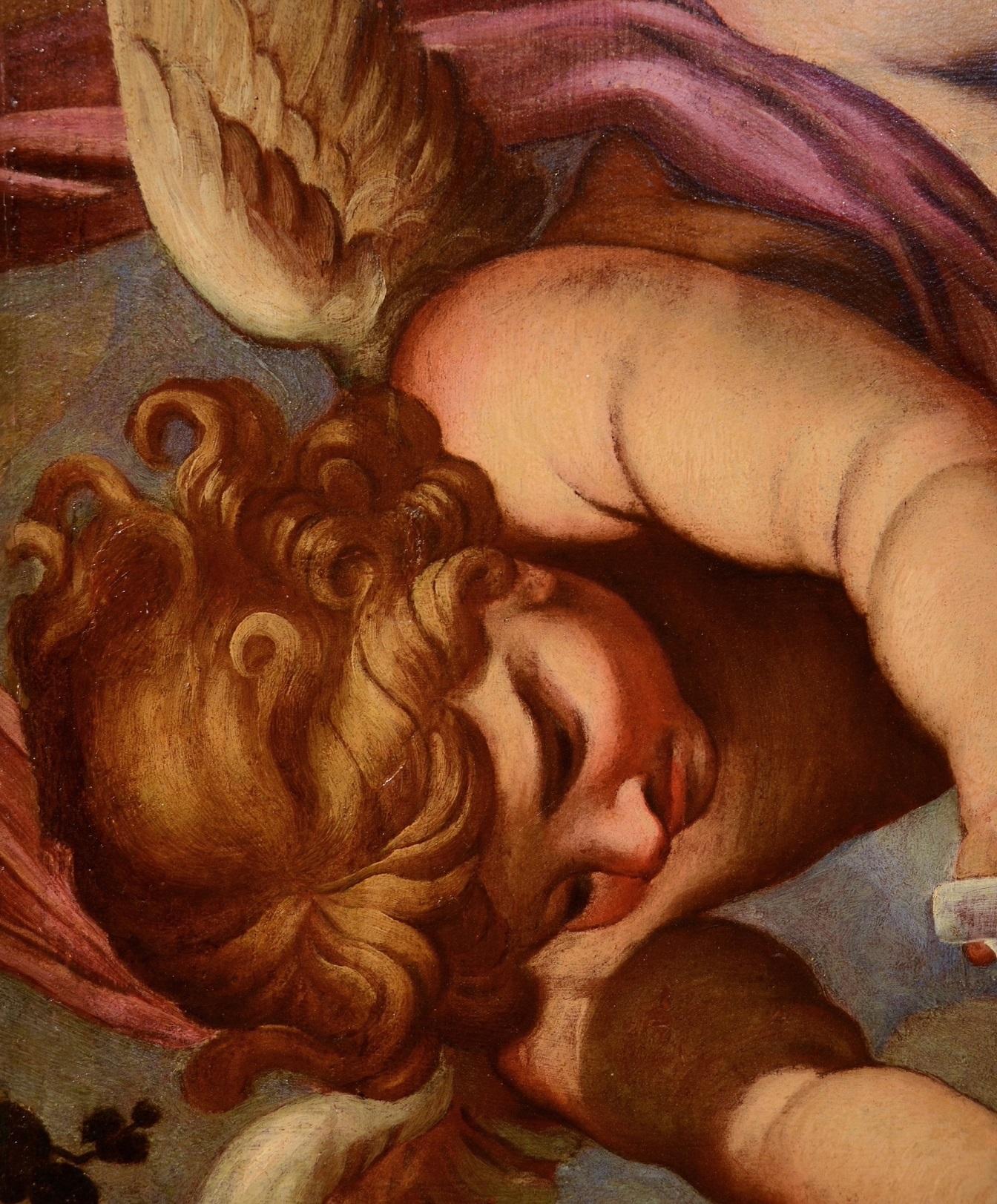 Peinture à l'huile sur table Angels Floral Garland Maratta de l'ancien maître italien du 17ème siècle en vente 14