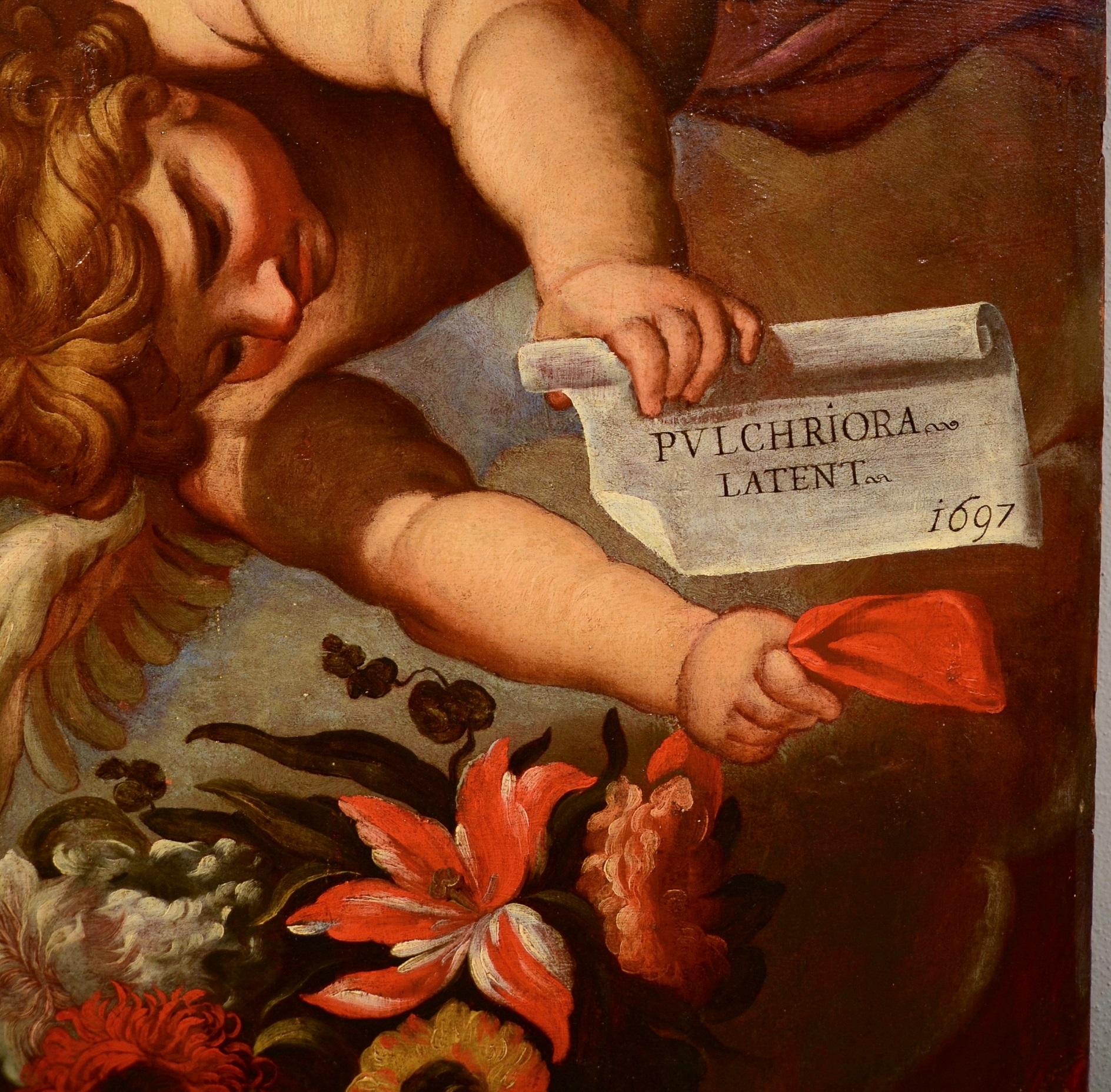 Peinture à l'huile sur table Angels Floral Garland Maratta de l'ancien maître italien du 17ème siècle en vente 15