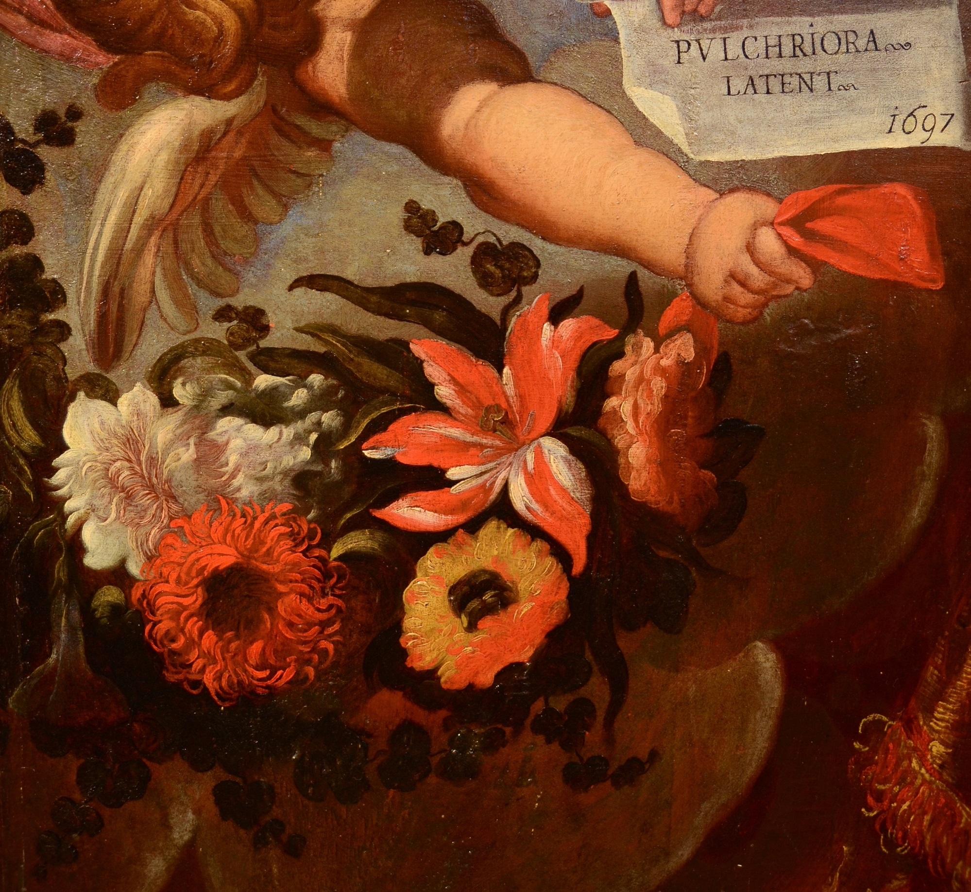 Angels Floral Garland Maratta Paint Oil on table Old master 17th Century Italian For Sale 13