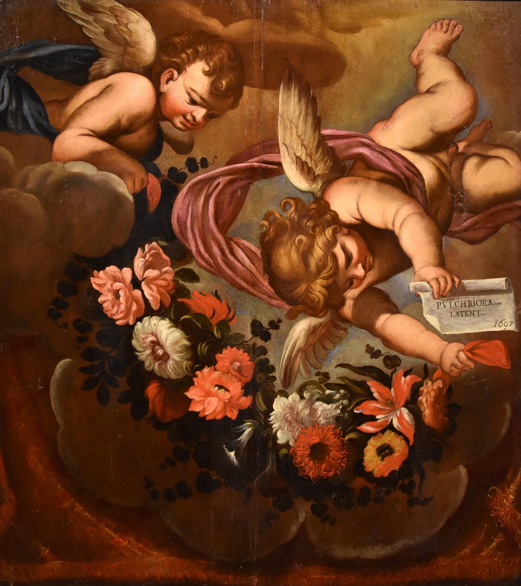 Peinture à l'huile sur table Angels Floral Garland Maratta de l'ancien maître italien du 17ème siècle - Maîtres anciens Painting par Carlo Maratta (Camerano, 1625 - Rome, 1713)