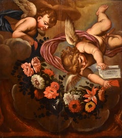 Angels Floral Garland Maratta Paint Oil on table Old master 17th Century Italian